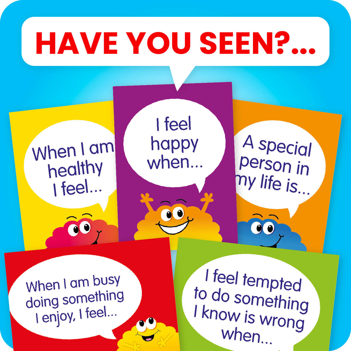 A selection of colourful cards designed to prompt conversations and self-reflection in children. Each card features a speech bubble with a sentence starter, such as 'When I am healthy I feel...', 'I feel angry when...', 'A special person in my life is...', 'I feel happy when...', and 'Sharing is good because...'. The cards are in bright colours like yellow, purple, orange, and blue, and each has a smiling cartoon cloud character.
