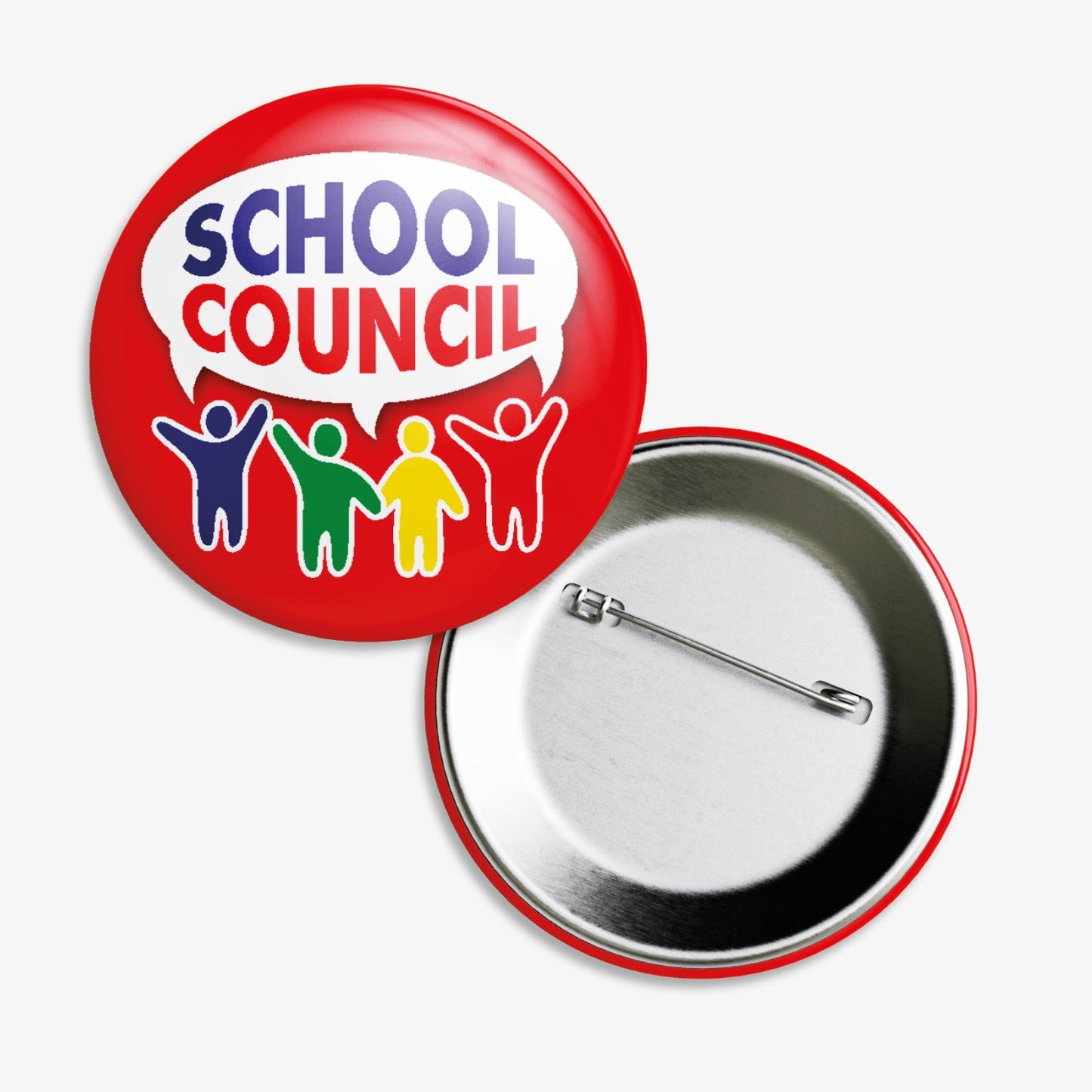Set of ten 38mm round red badges with 4 colourful people shapes saying SCHOOL COUNCIL in a speech bubble. The reverse is equipped with safety pin fastenings.