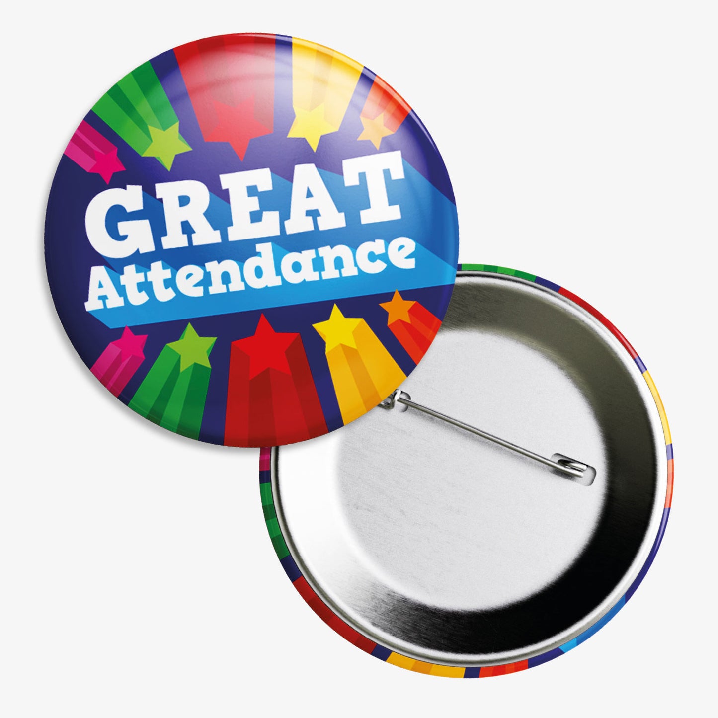 Set of ten 50mm round dark blue badges 'GREAT ATTENDANCE' central to the design and 5 shooting stars below. The image shows the reverse of the badge to be equipped with a pin fastening.