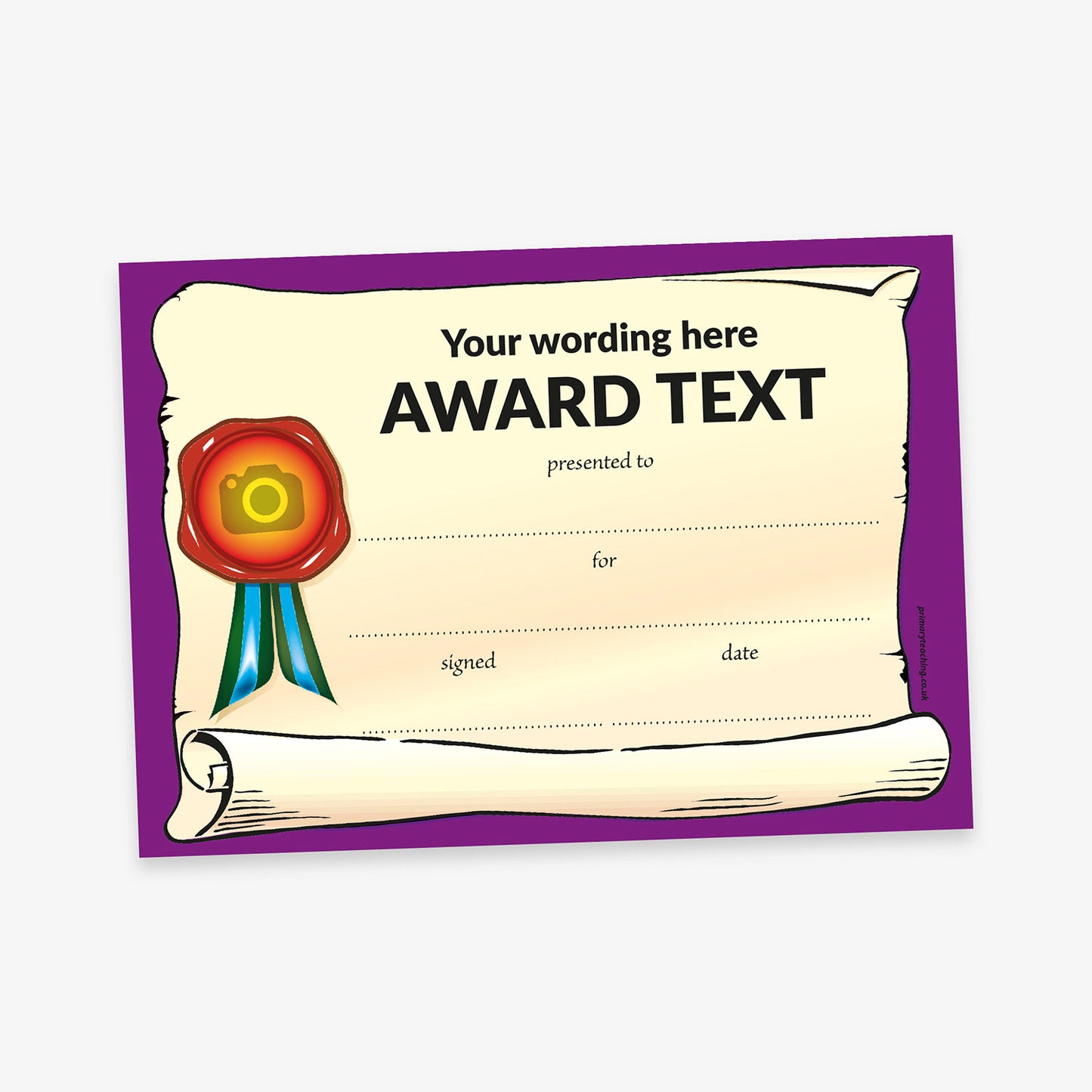 A parchment-style award certificate with a purple border. The central cream scroll design includes placeholder text 'Your wording here' and 'AWARD TEXT' in bold. Below are dotted lines labelled 'presented to:', 'for:', 'signed:', and 'date:'. A red wax-style seal with a camera icon and blue ribbons is illustrated on the left, indicating space for a custom image or emblem.