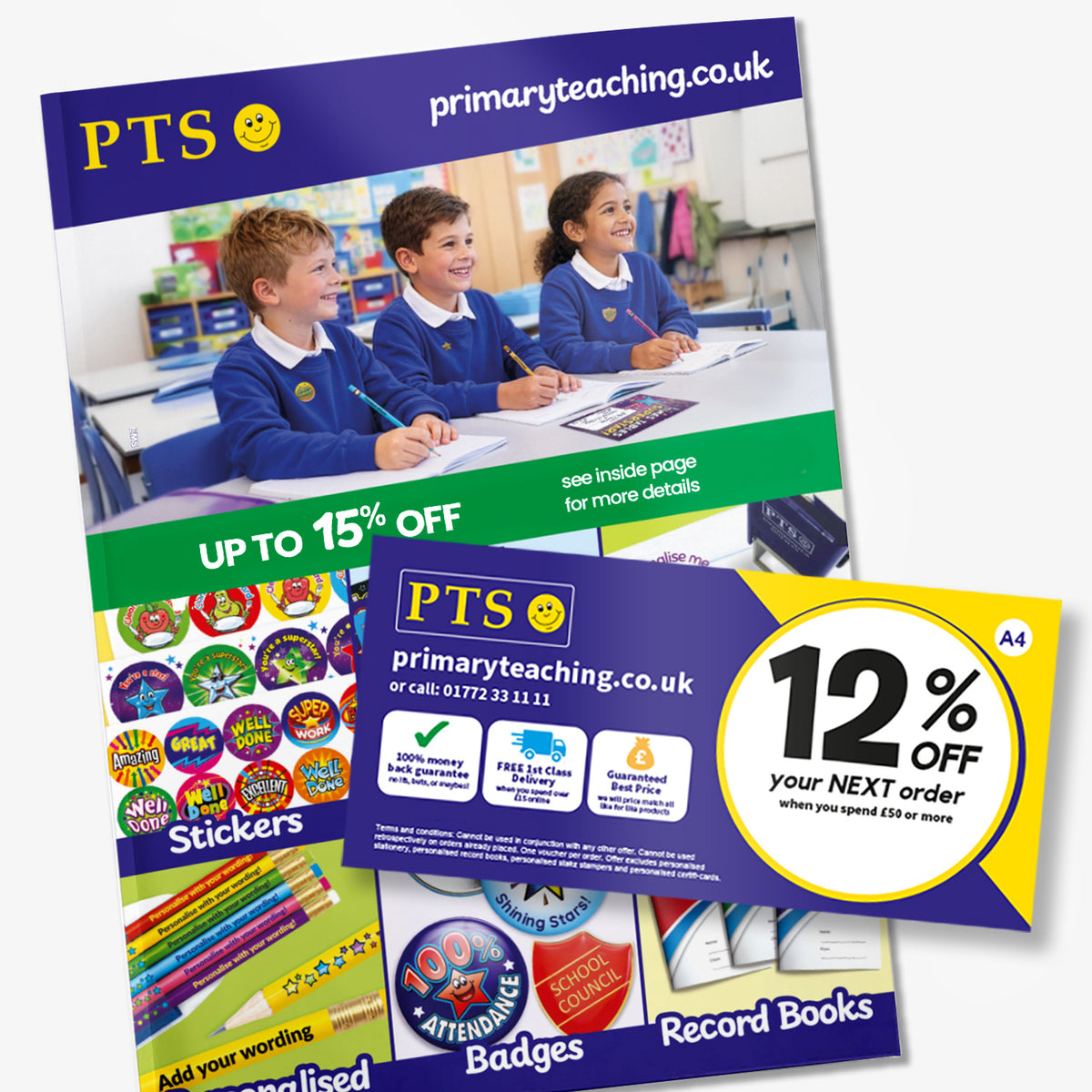 Catalogue cover showing 3 school children and product categories for stickers, certificates, stampers