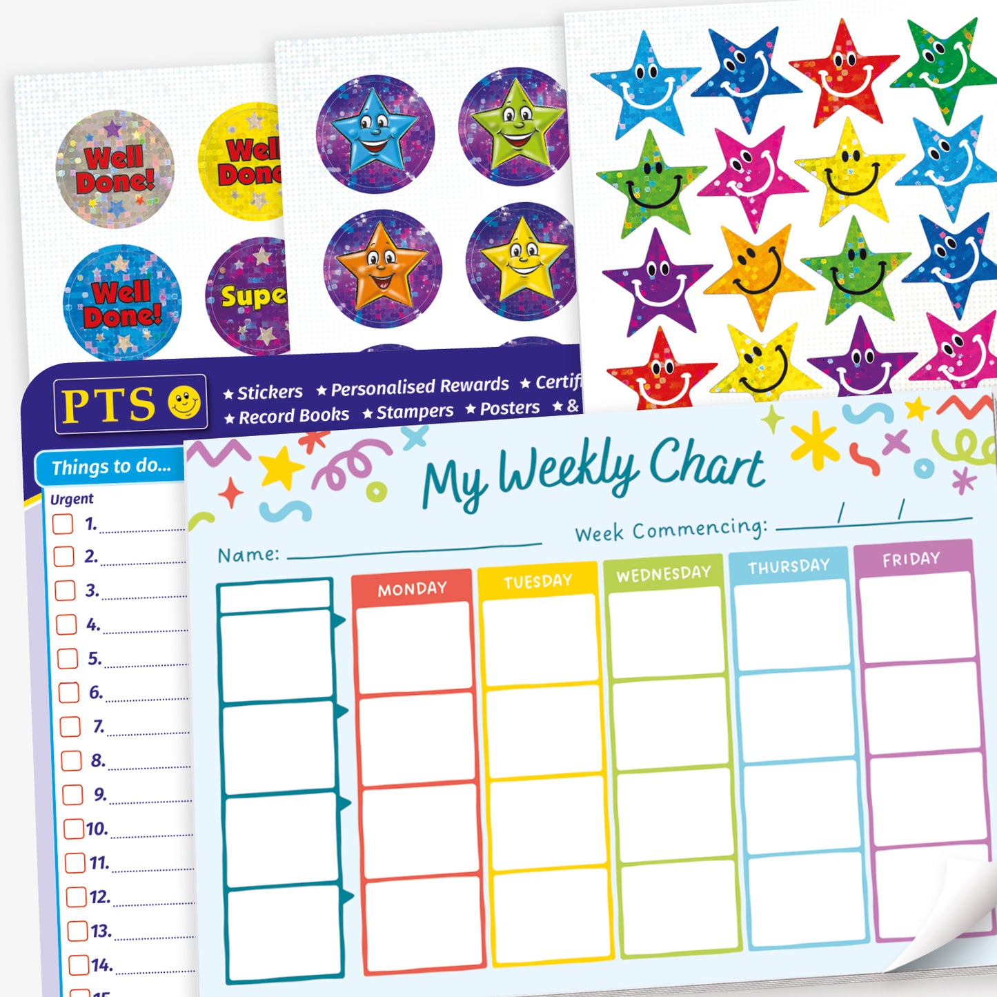 Collection of motivational reward stickers and a colourful weekly chart. Stickers include phrases like 'Well Done' and feature smiling stars in various colours and designs. The chart is titled 'My Weekly Chart' with columns for each weekday and space for names and tasks.