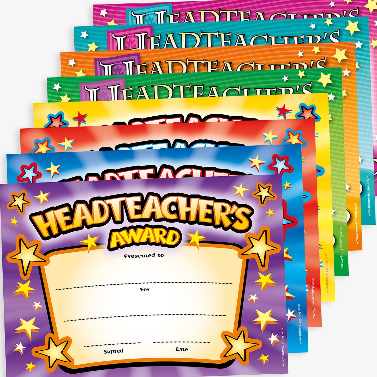 A5 Headteacher's Award certificates in various colours - purple, blue, red, yellow, green, orange, cyan and magenta. Each features the bold title 'Headteacher's Award' with star motifs and include spaces for 'Presented to', 'For', 'Signed', and 'Date' entries, designed to celebrate and acknowledge pupil achievements.