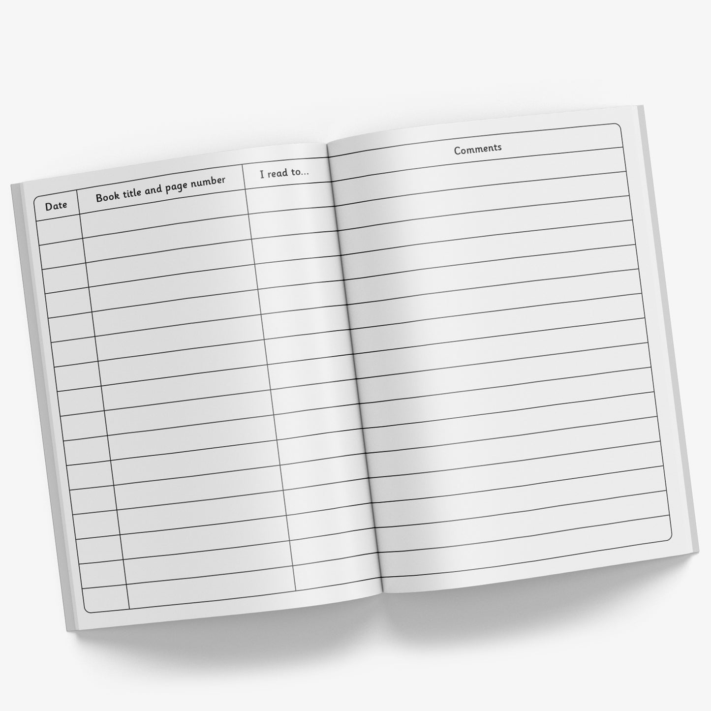 Internal pages of reading record book with space for Date, Book Title and Page Number and Parent/Teacher/Pupil comments