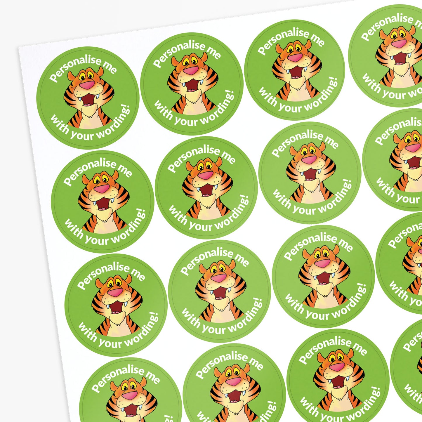 Circular stickers with a cartoon tiger character on a green background with white personalised text.