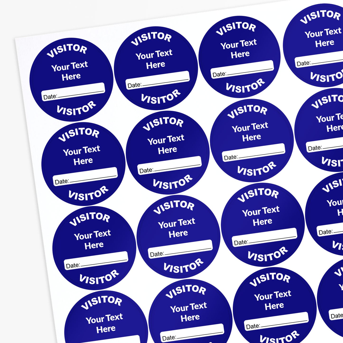 Sheet of blue visitor stickers with customizable text and date fields.