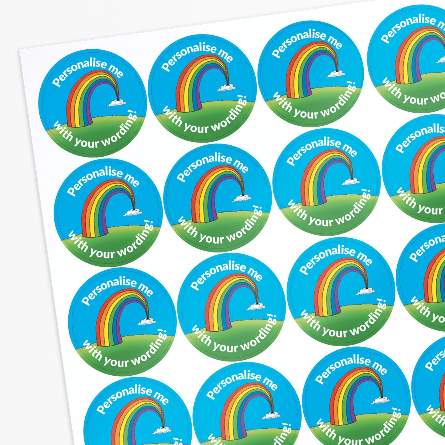 Turquoise stickers with a rainbow as the central image. Space for personalisation above and below the image.