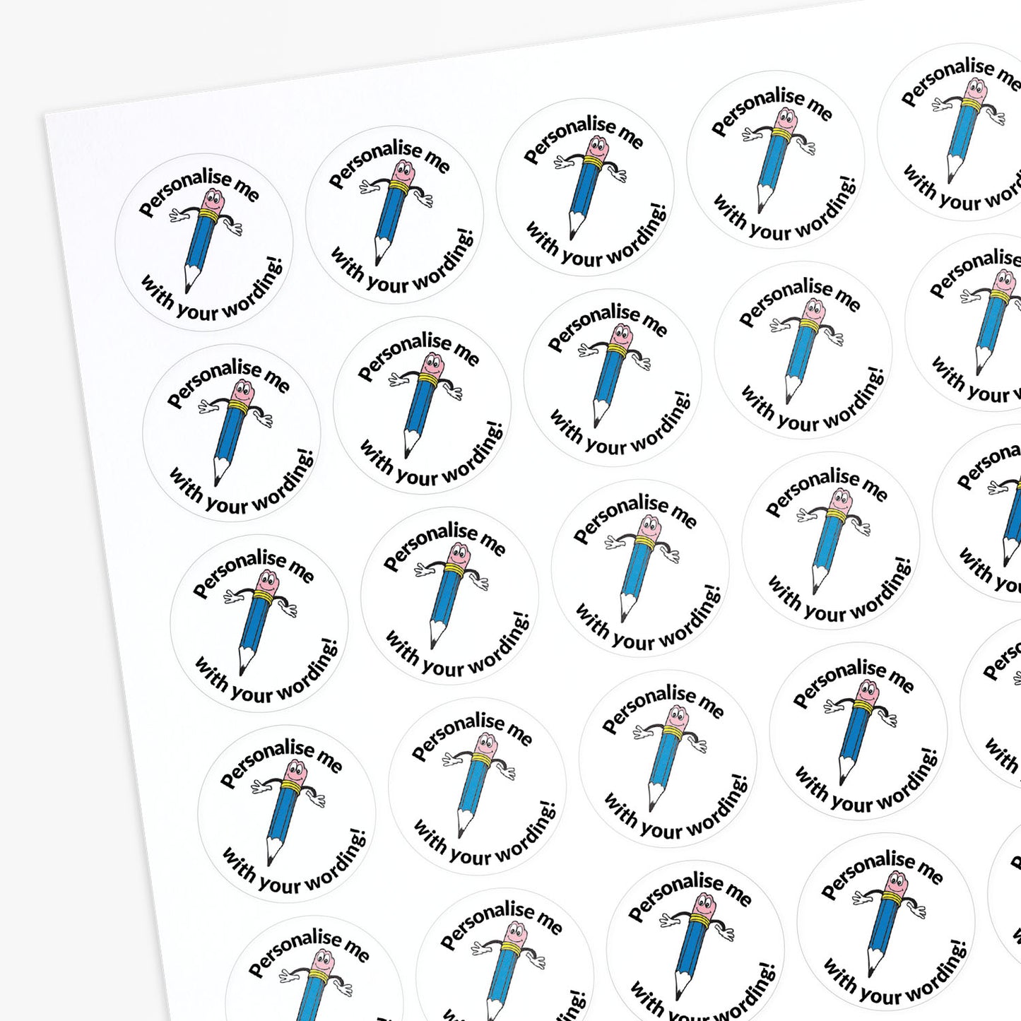 White stickers with a smiling blue pencil as a central image. Space for personalisation above and below the image.