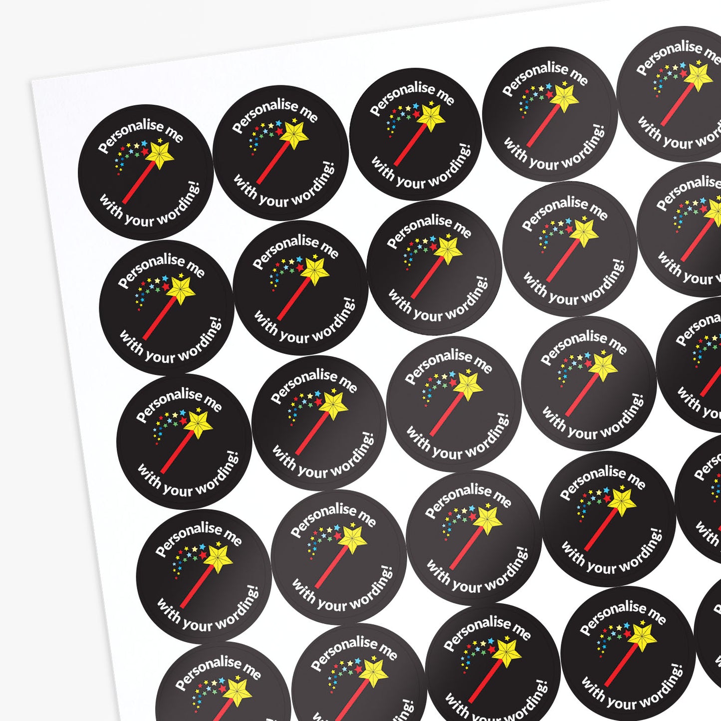 Black stickers with a wand emitting starts as a central image. 'Personalise me with your wording!' surrounds the image.