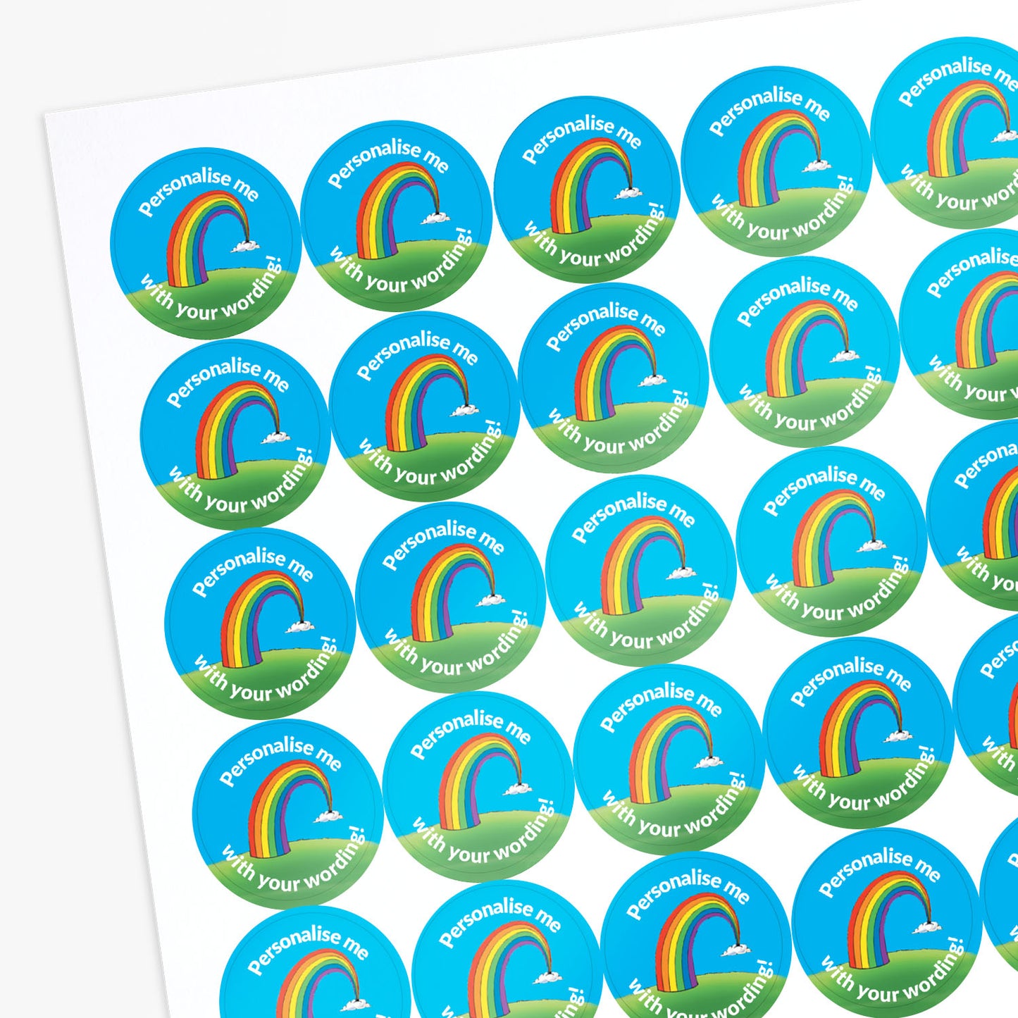 Stickers with a rainbow as a central image. 'Personalise me with your wording!' surrounds the image.