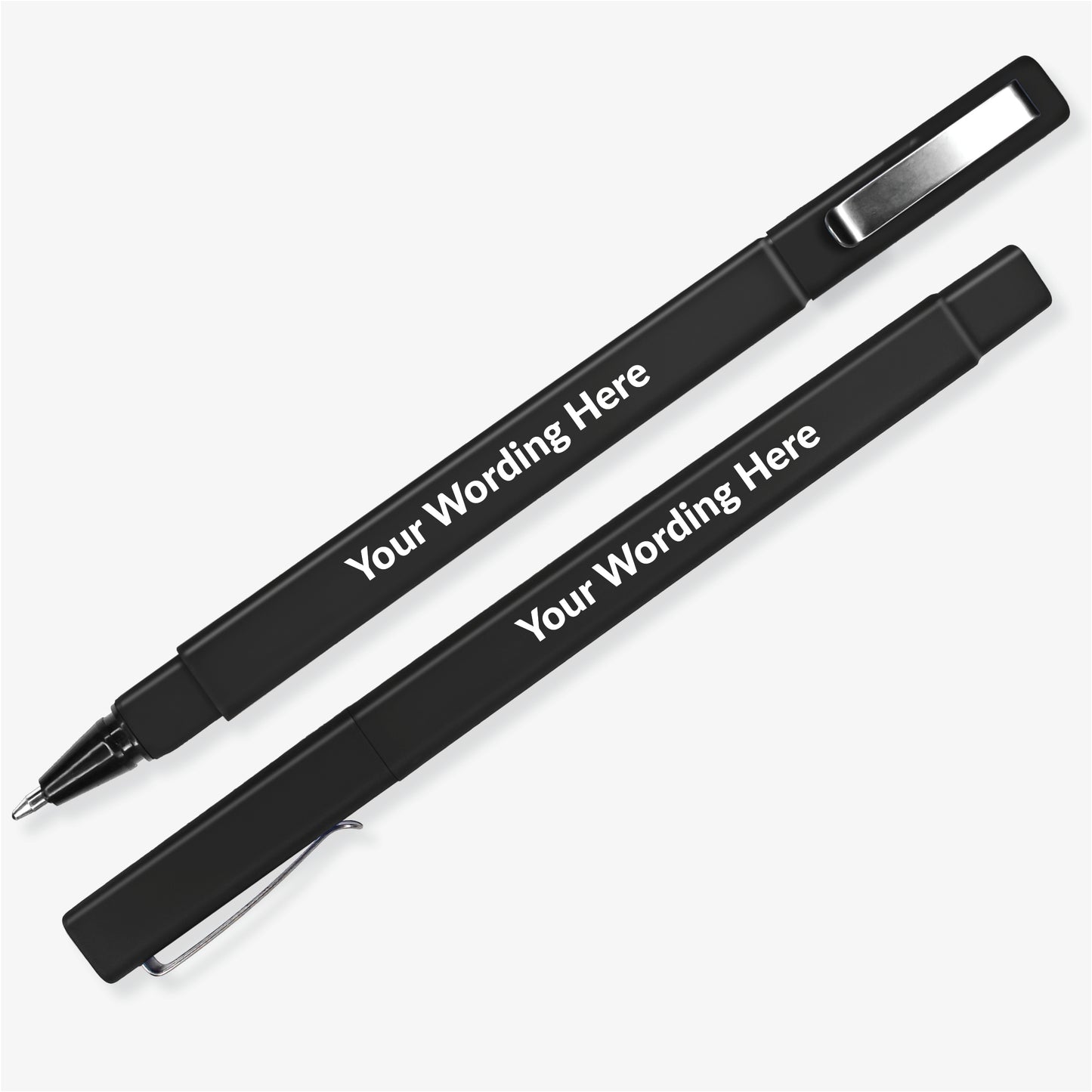 Black, square barrelled, textured ball point pen with brushed metal clip on the lid. Placeholder text 'Your Wording Here' on the barrel