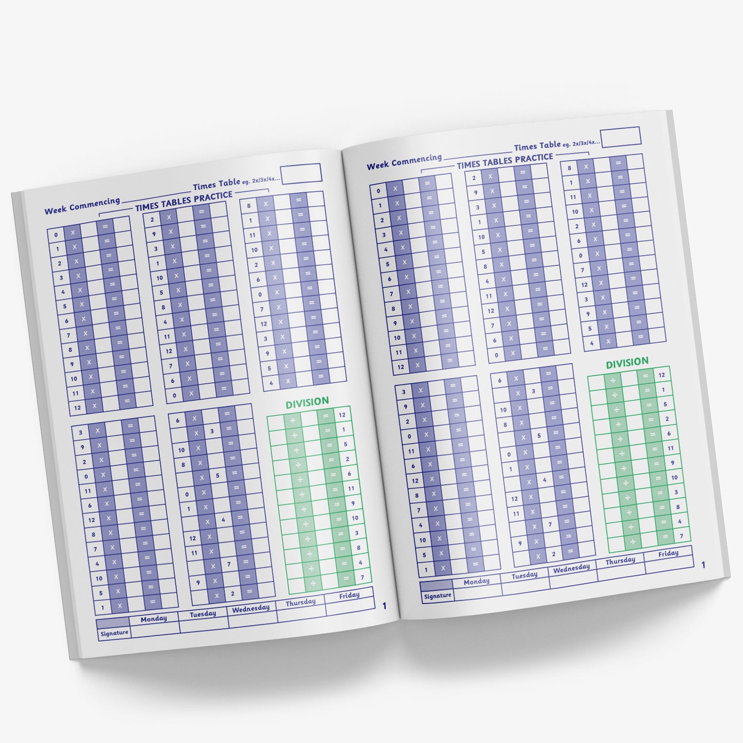 Open internal pages showing 5 times tables practice charts and one division table per page. Each page has a varying combination of sums which just need the 'multiplier or division' nu,ber adding.