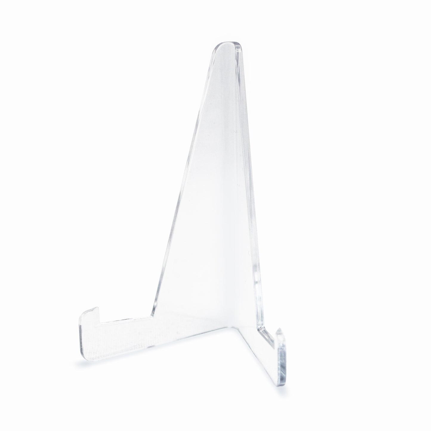 Clear acrylic A-frame display stand on a white background