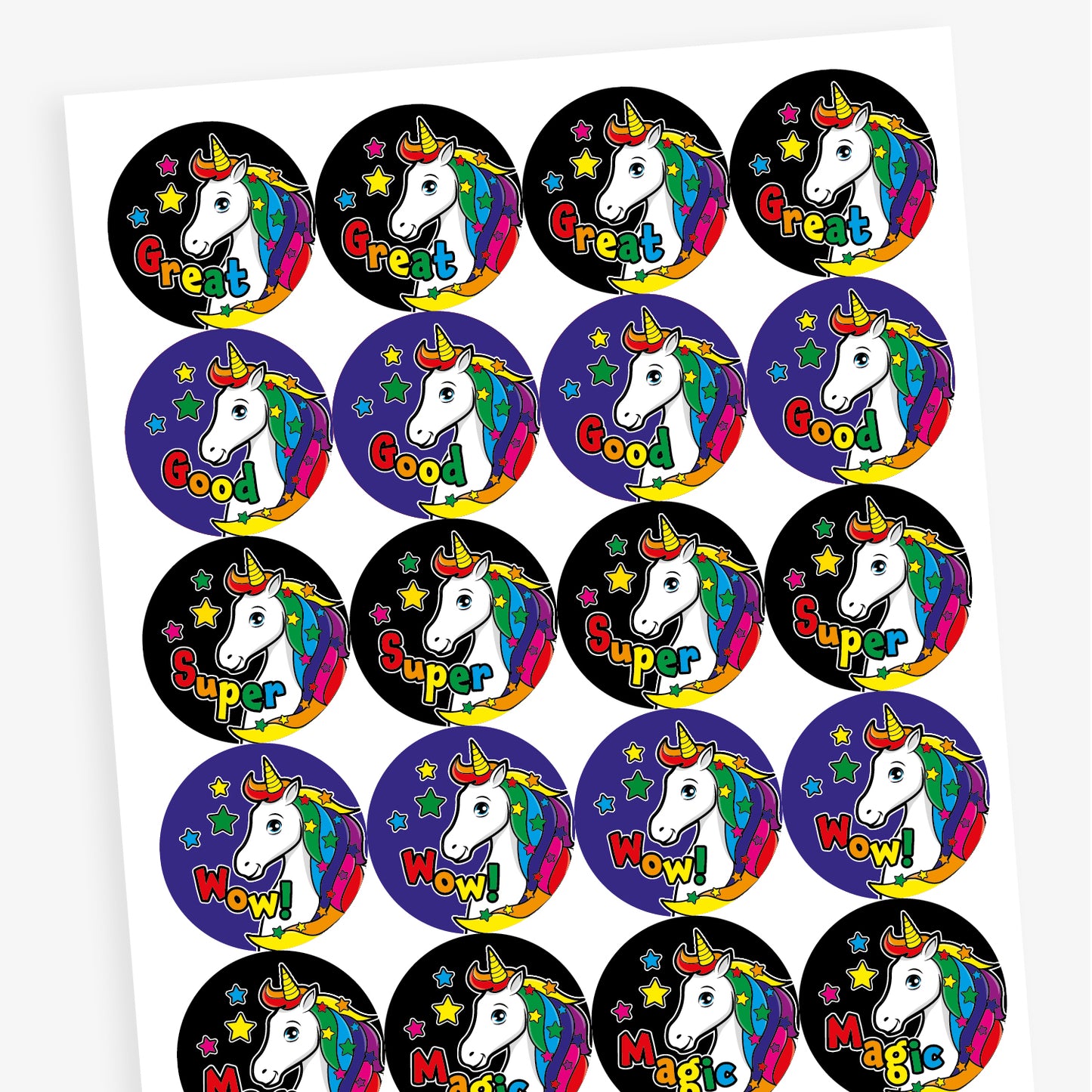 Sheet of 20 round vibrant-coloured stickers, each 32mm in diameter, featuring a white unicorn with a rainbow mane and horn, surrounded by stars. Each sticker displays one of five motivational words: 'Great', 'Magic', 'Super', 'Wow!', or 'Good'.