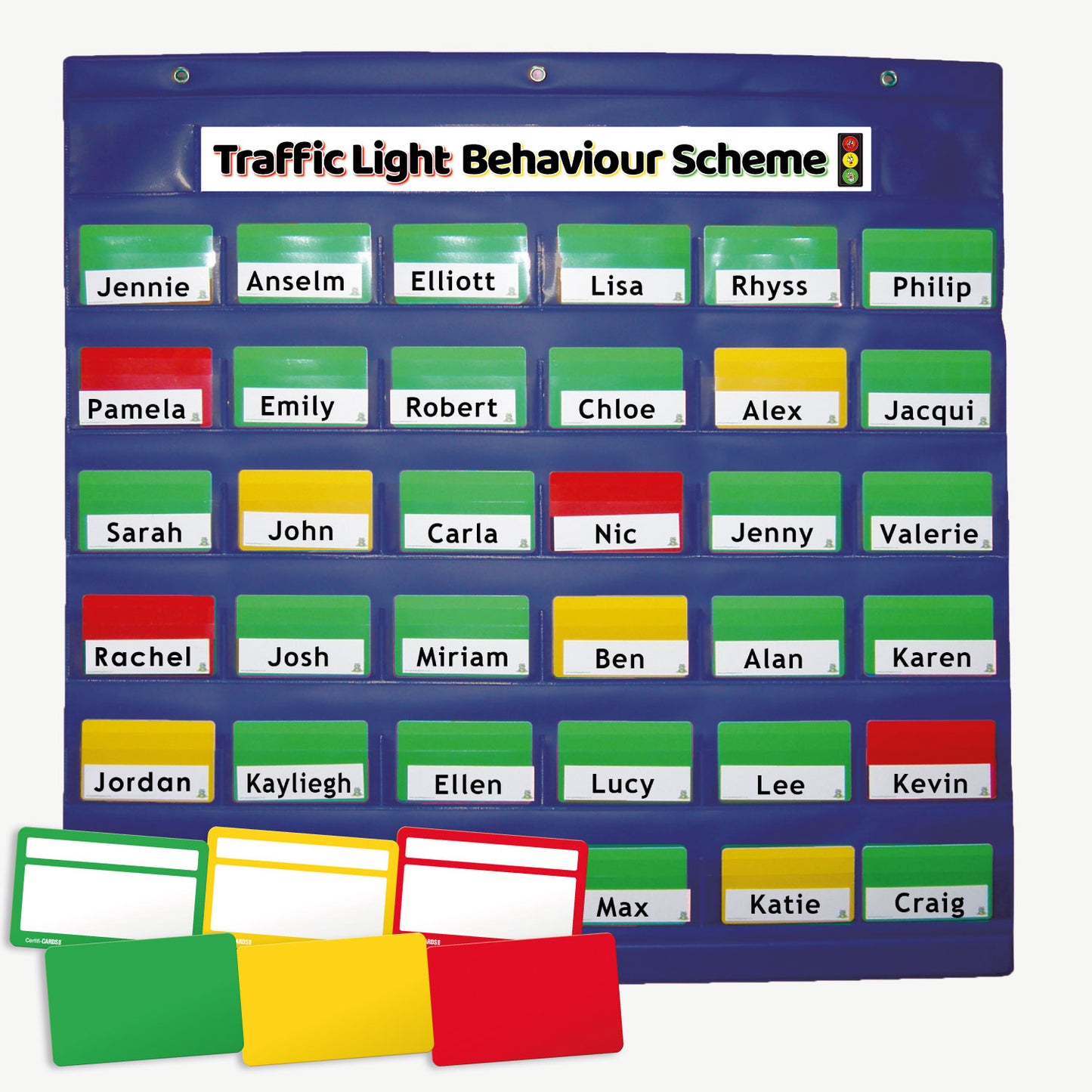 A durable blue plastic card holder holding 36 credit card sized cards, in individual spaces, showing red, green or yellow certificards dependent on the person's behaviour.
