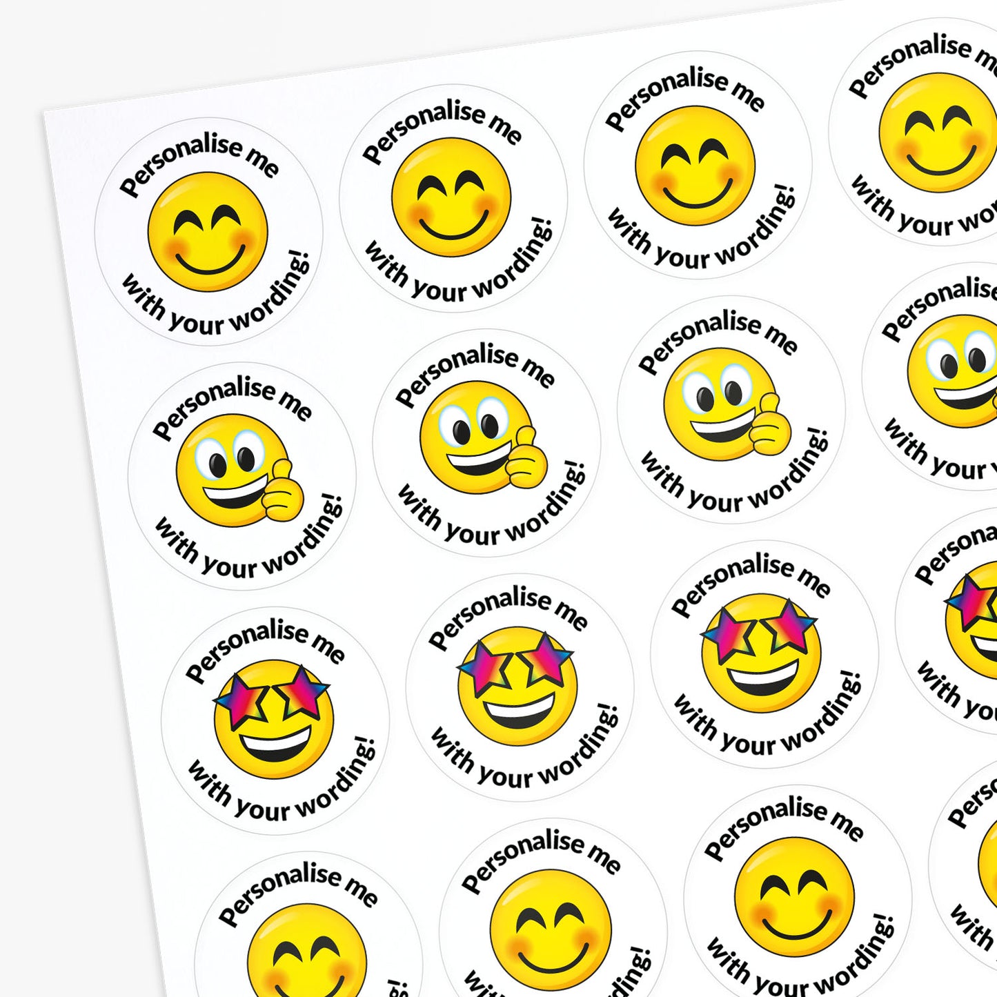 Sheet of smiley face stickers with customizable text on a white background