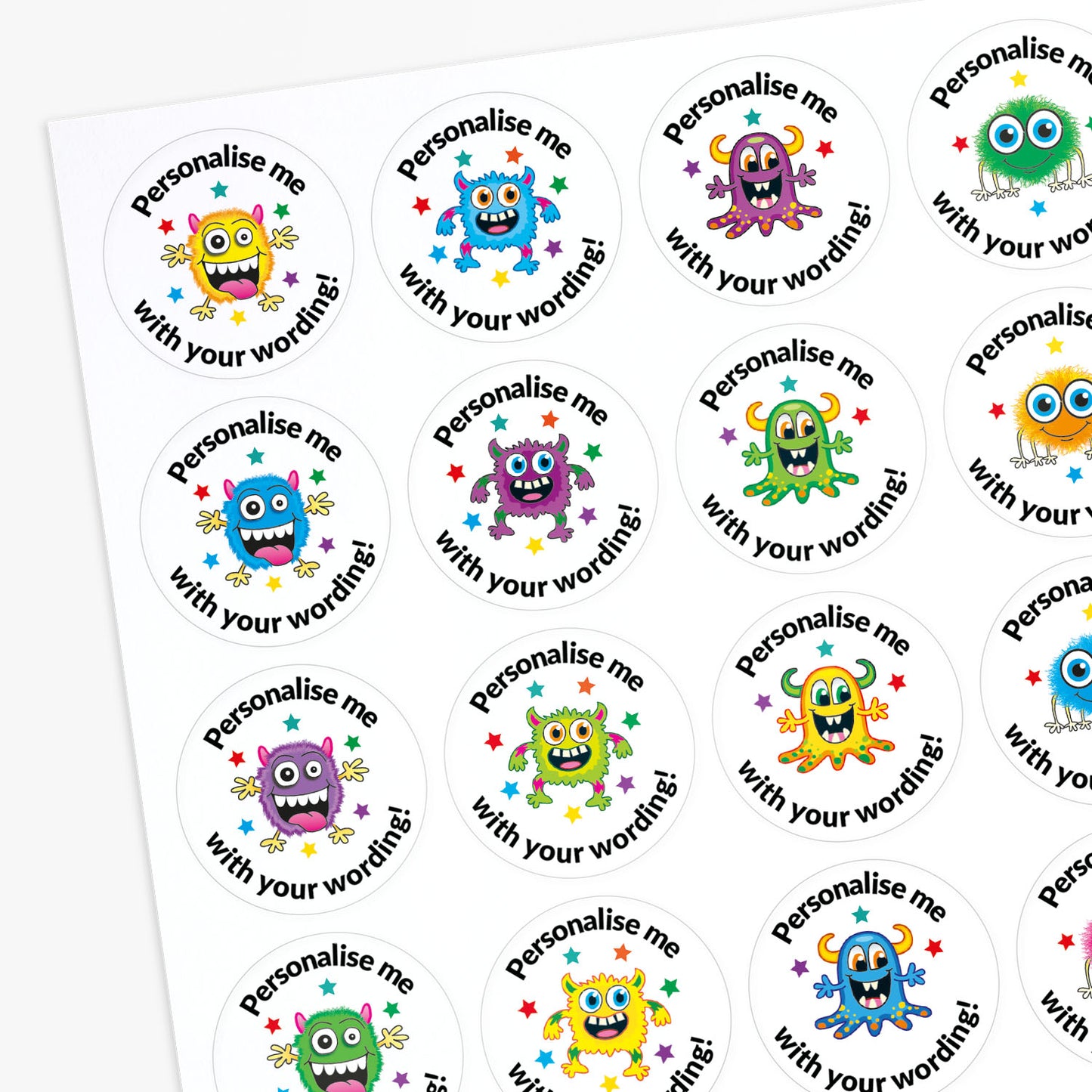 Sheet of circular sticker with monster graphic and text 'Personalise me with your wording!'