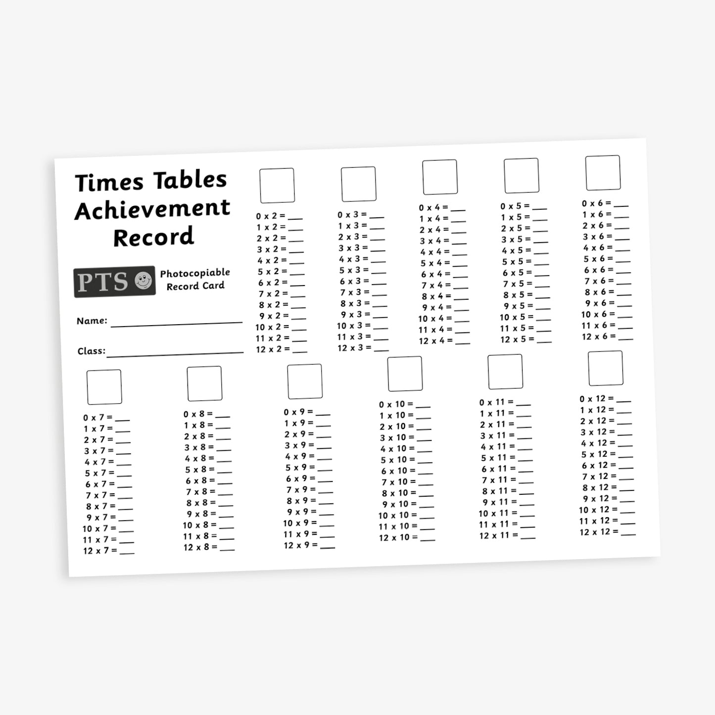 A sheet of colourful multiplication-themed stickers, each representing a times table from 2× to 12×. The stickers feature playful illustrations such as sunflowers for 2×, a dog for 3×, a dinosaur for 4×, kites for 5×, a ship for 6×, a rocket for 7×, a ball for 8×, a green alien for 9×, wizards for 10×, an aeroplane for 11×, and computers for 12×. Each sticker has a vibrant background and cartoon-style imagery.