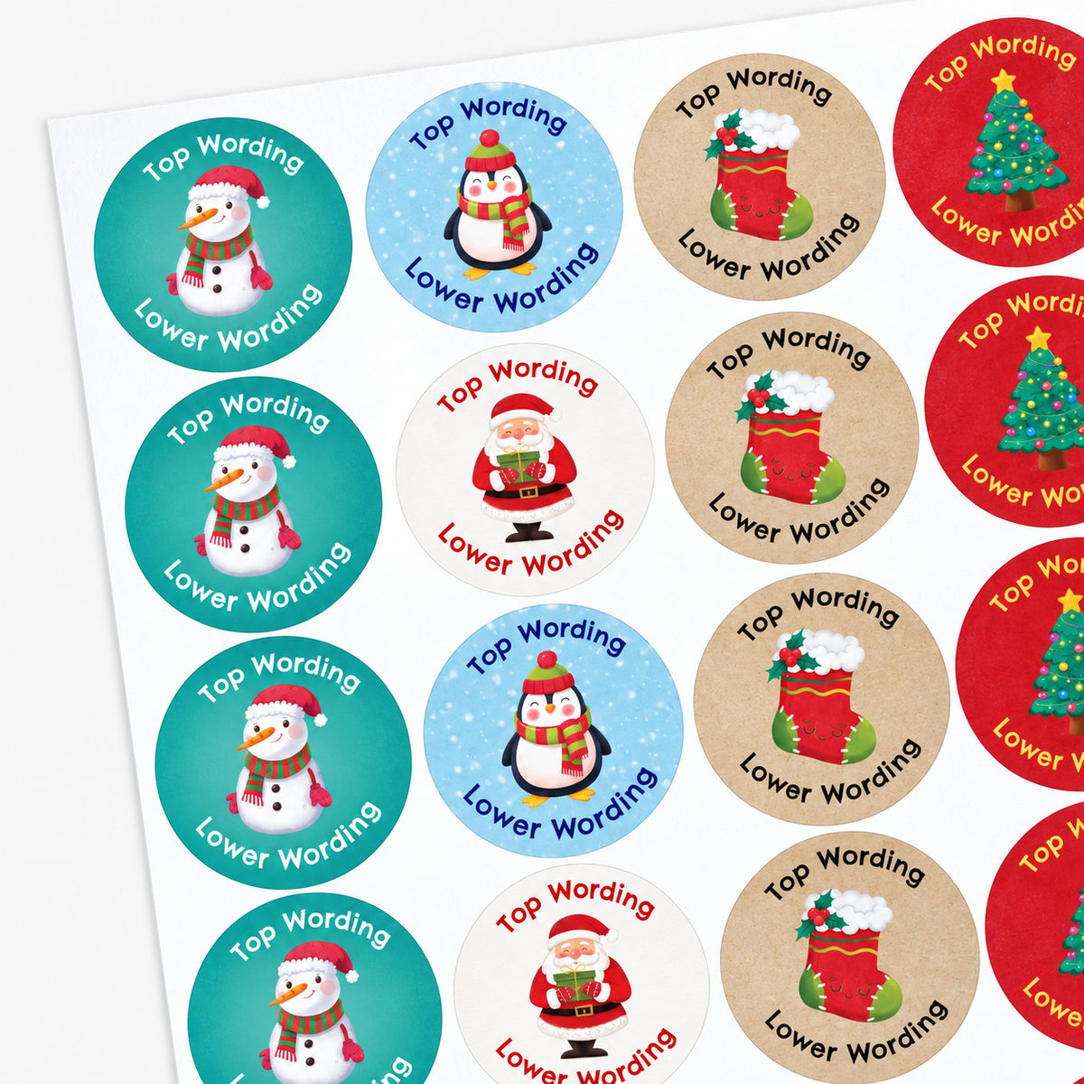 Sheet of personalised Christmas stickers with snowman, penguin, Santa, stocking and tree designs