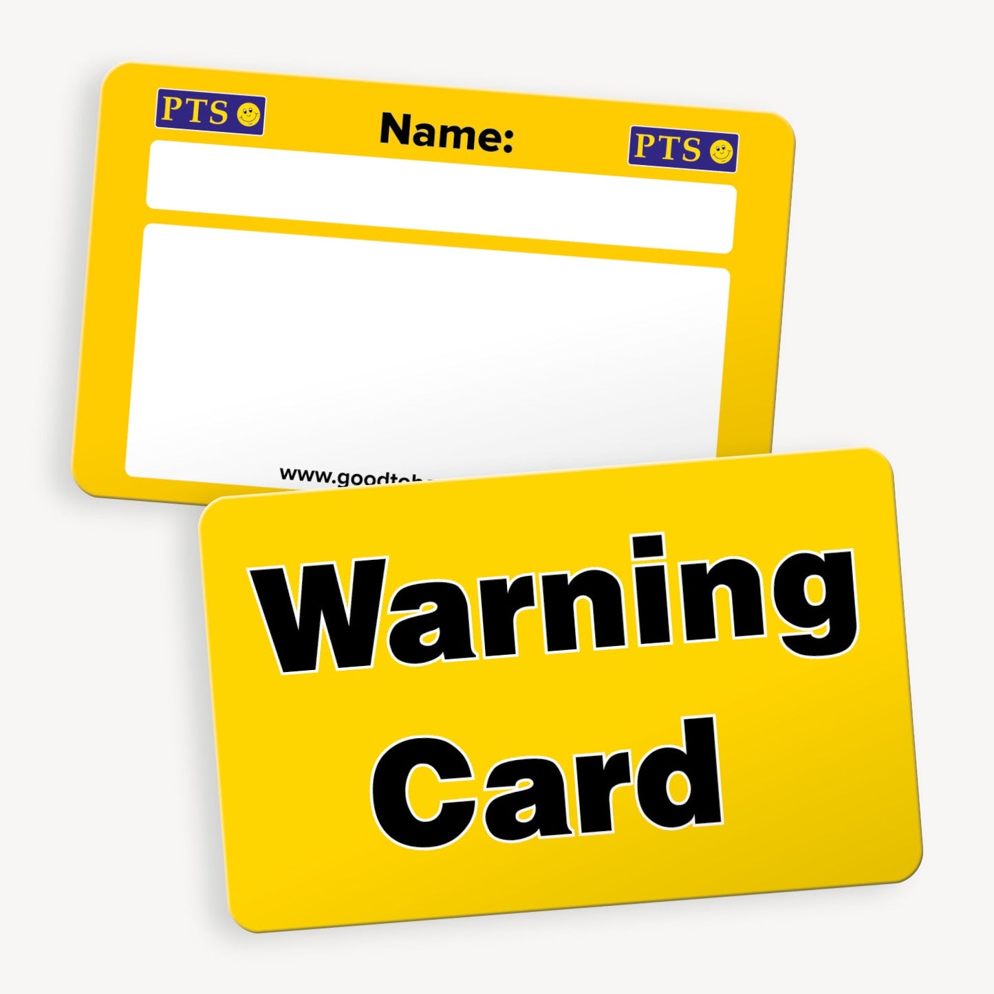 A set of ten CertifiCARDS, vibrant yellow and the front has the phrase 'Warning Card' clearly shown in black bold writing. The reverse side includes white spaces labelled 'Name:'