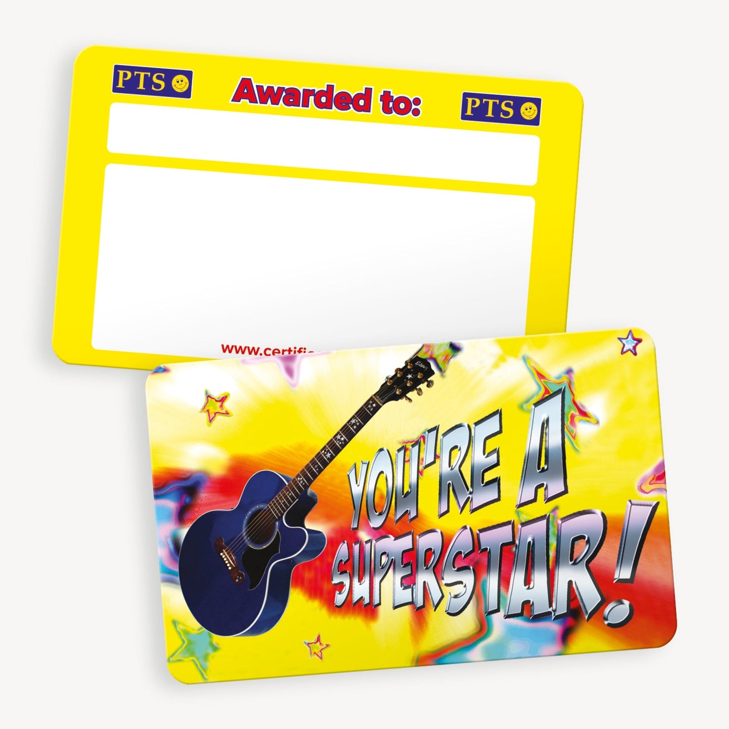 Set of ten wallet-sized CertifiCARDS, each featuring a vibrant, multicoloured background with a bold blue guitar illustration and the phrase 'You're a Superstar!' in dynamic, graffiti-style lettering; the reverse side includes a yellow header with the text 'Awarded to:' and a white space for personalisation; designed to celebrate pupils' achievements in educational settings.