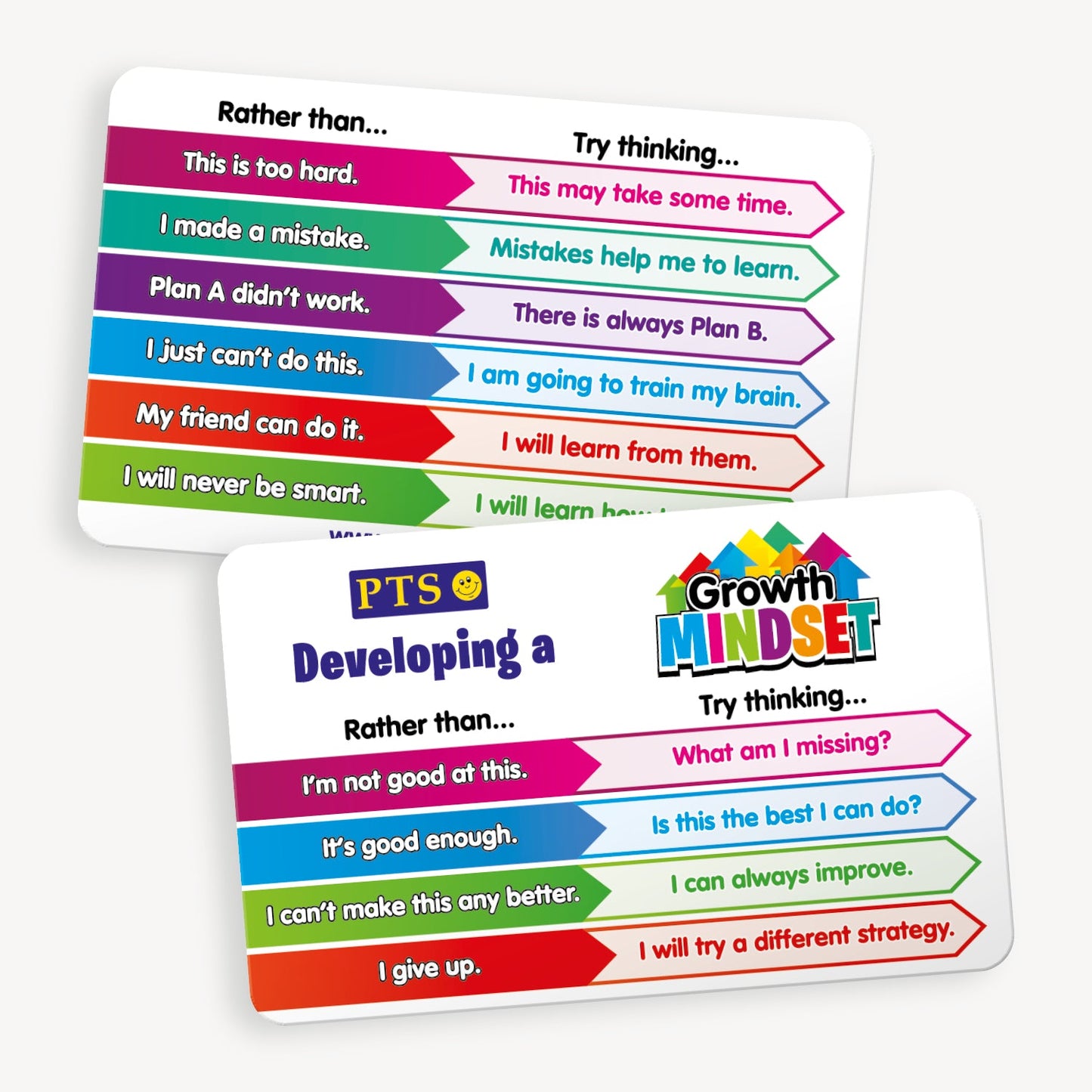 A set of ten wallet-sized 'Growth Mindset' CertifiCARDS, each featuring a colourful design with positive statements encouraging students to adopt a growth mindset; designed to support pupils in developing resilience and a positive approach to learning challenges.