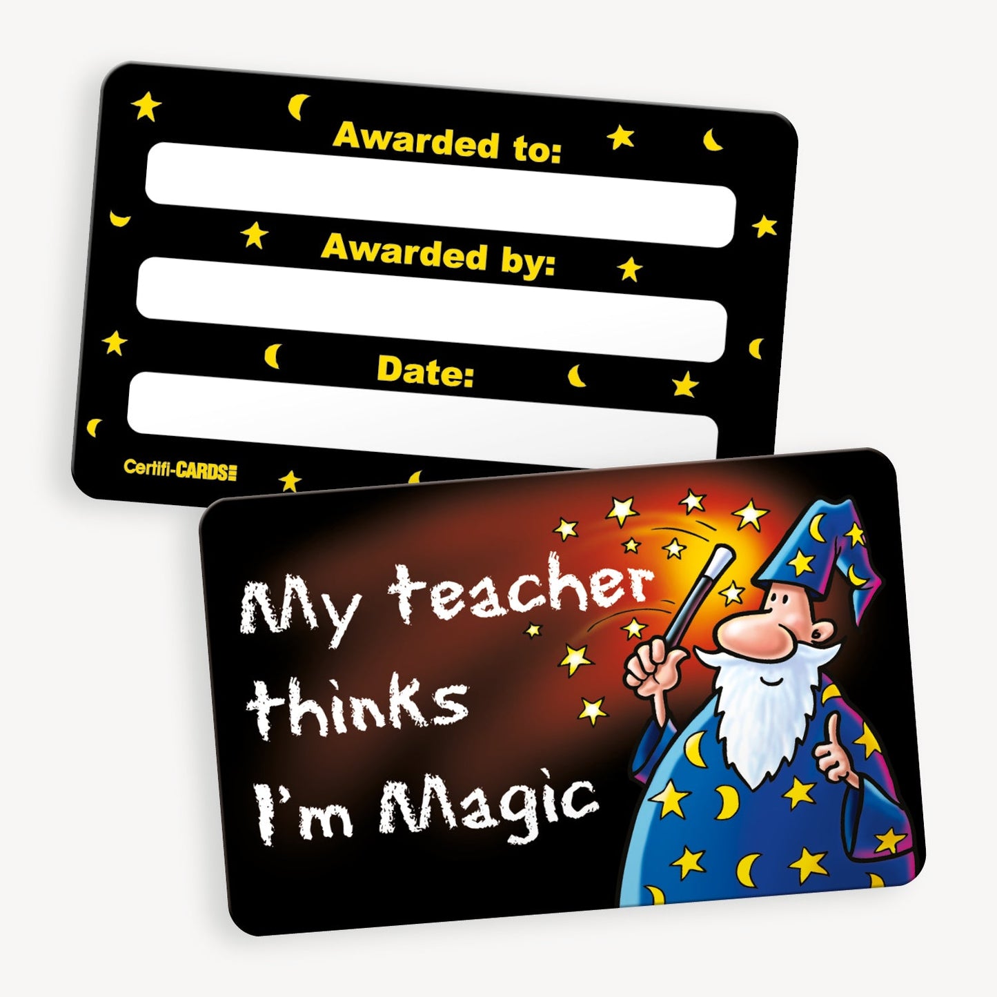A set of ten CertifiCARDS, each featuring a cartoon wizard in a starry robe holding a wand, with the phrase 'My teacher thinks I'm magic' in white text on a dark background; the reverse side includes spaces labelled 'Awarded to:', 'Awarded by:', and 'Date:' for personalisation.