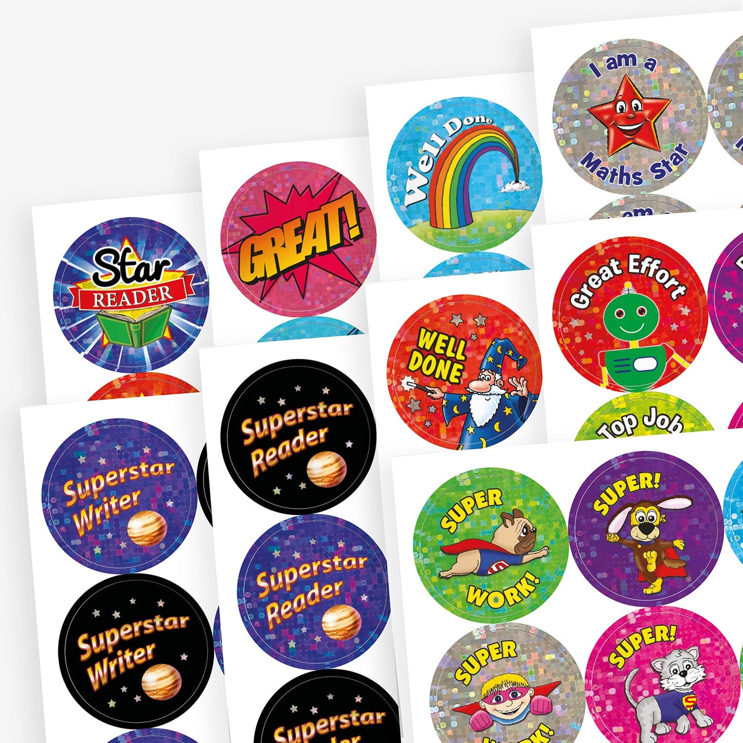 Selection of holographic stickers including 'Superstar Reader' and 'Superstar Writer' against solar backgrounds; superhero animals saying 'Super'. Stars on a silver background saying 'I am a Maths Star' and various other praise stickers.