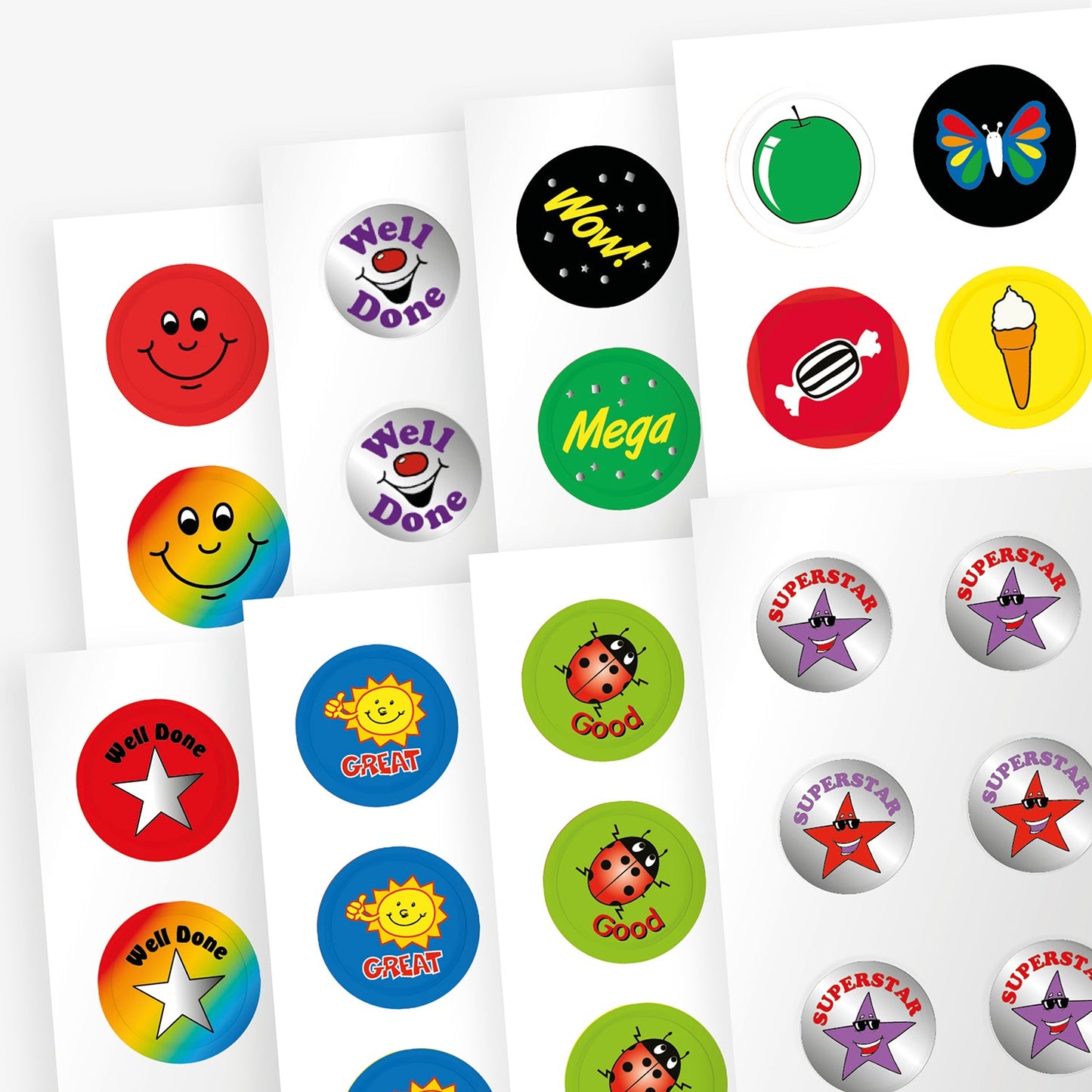 10 sheets of 196 assorted 10mm circular reward stickers - vibrant in colour and some metallic. Includes phrases such as 'Well Done', 'Great', 'Top Job', 'Superstar' and 'Superb' in bold lettering. Various images including a yellow sun on a blue background, a ladybird on a green background and stars on multicoloured, metallic backgrounds.