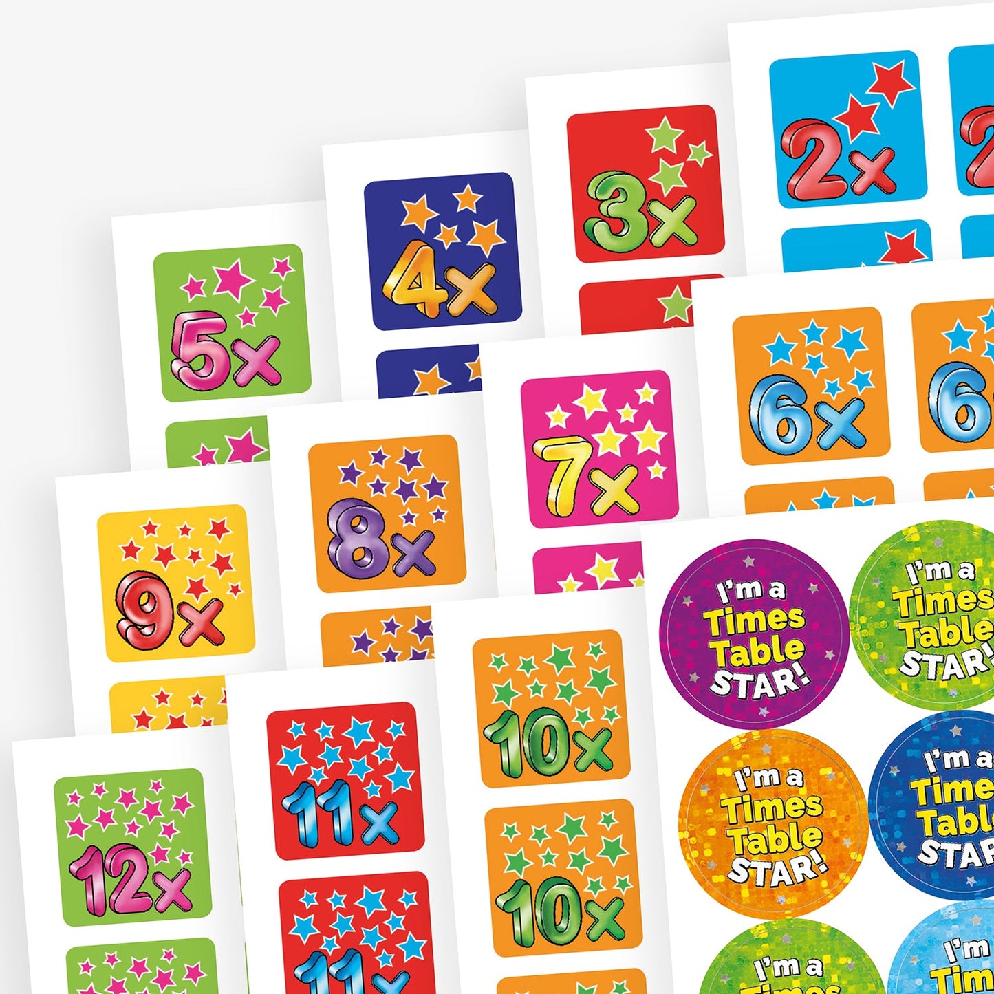 Selection of square stickers of varying colours for times tables from 2x to 12x - each with a number of stars on it representing the multiplier in focus. Also a sheet of circular, holographic stickers, with the phrase 'I'm a Times Table STAR!'