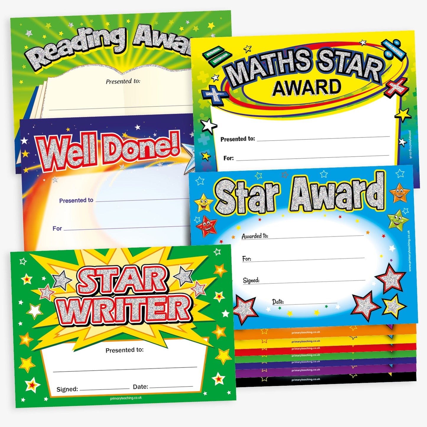 A set of 104 A5-sized holographic certificates featuring vibrant designs with titles such as 'Star Award', 'Reading Award', 'Well Done', 'Maths Star Award', and 'Star Writer'; each certificate includes designated spaces for 'Presented to:', 'For:', 'Signed:', and 'Date:'; designed to celebrate and motivate pupils for their achievements in educational settings.