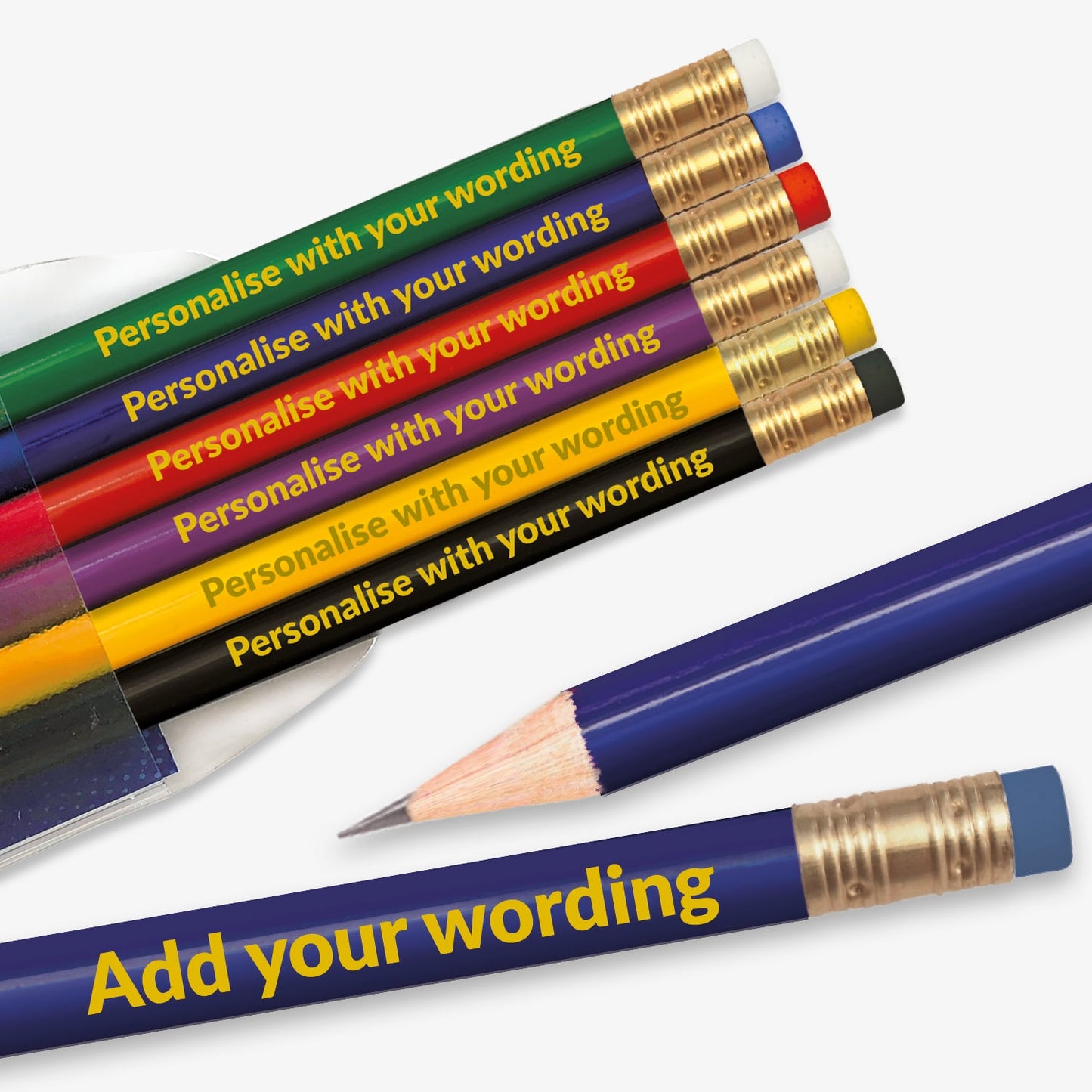 Personalised set of 6 HB pencils, each barrel a different colour. With space to customise text on the barrel, complete with eraser. Designed for classroom rewards or promotional use.