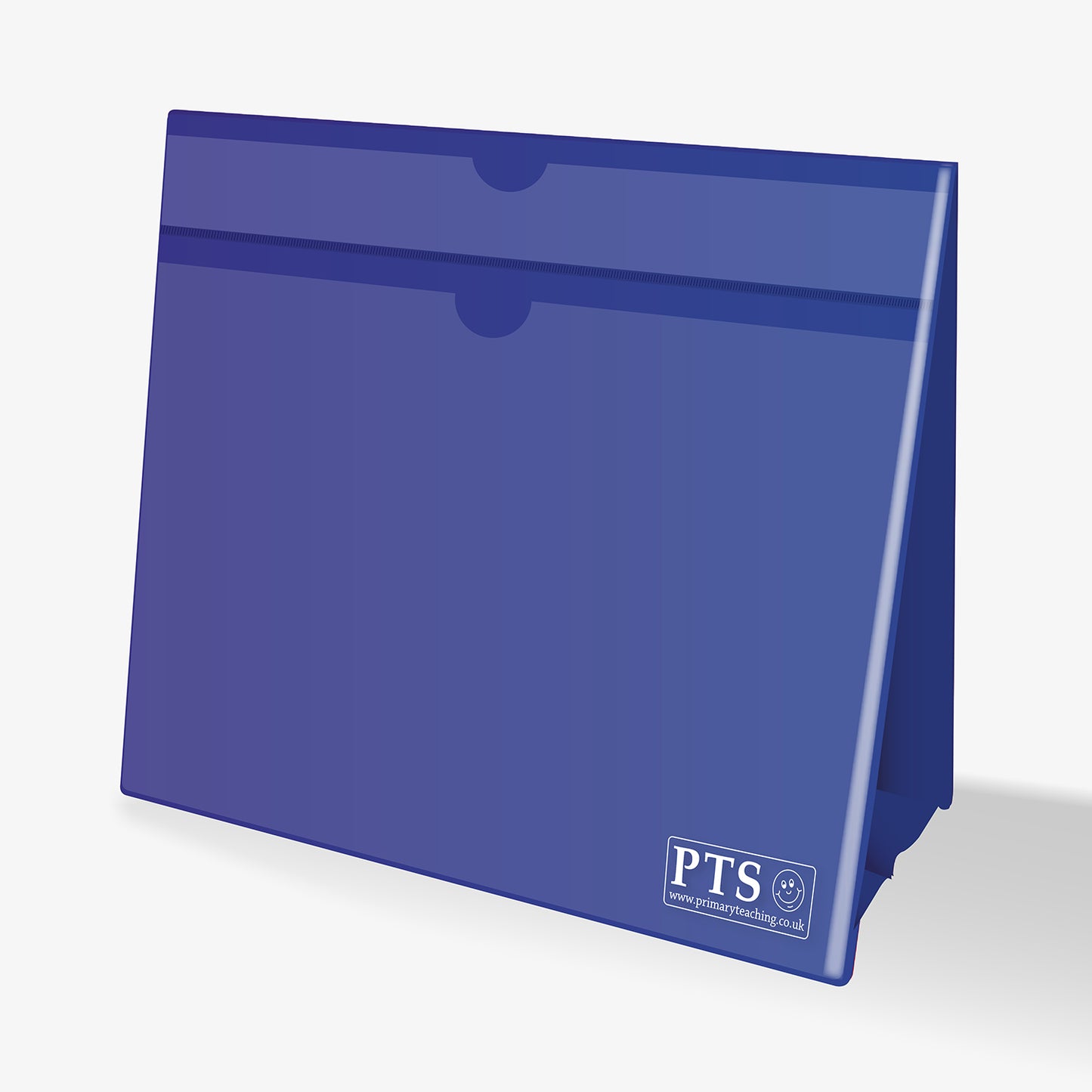 A4 landscape worksheet holder, coated in blue plastic. Stands as an A-Frame with space for a banner heading at the top and insert space for worksheet below