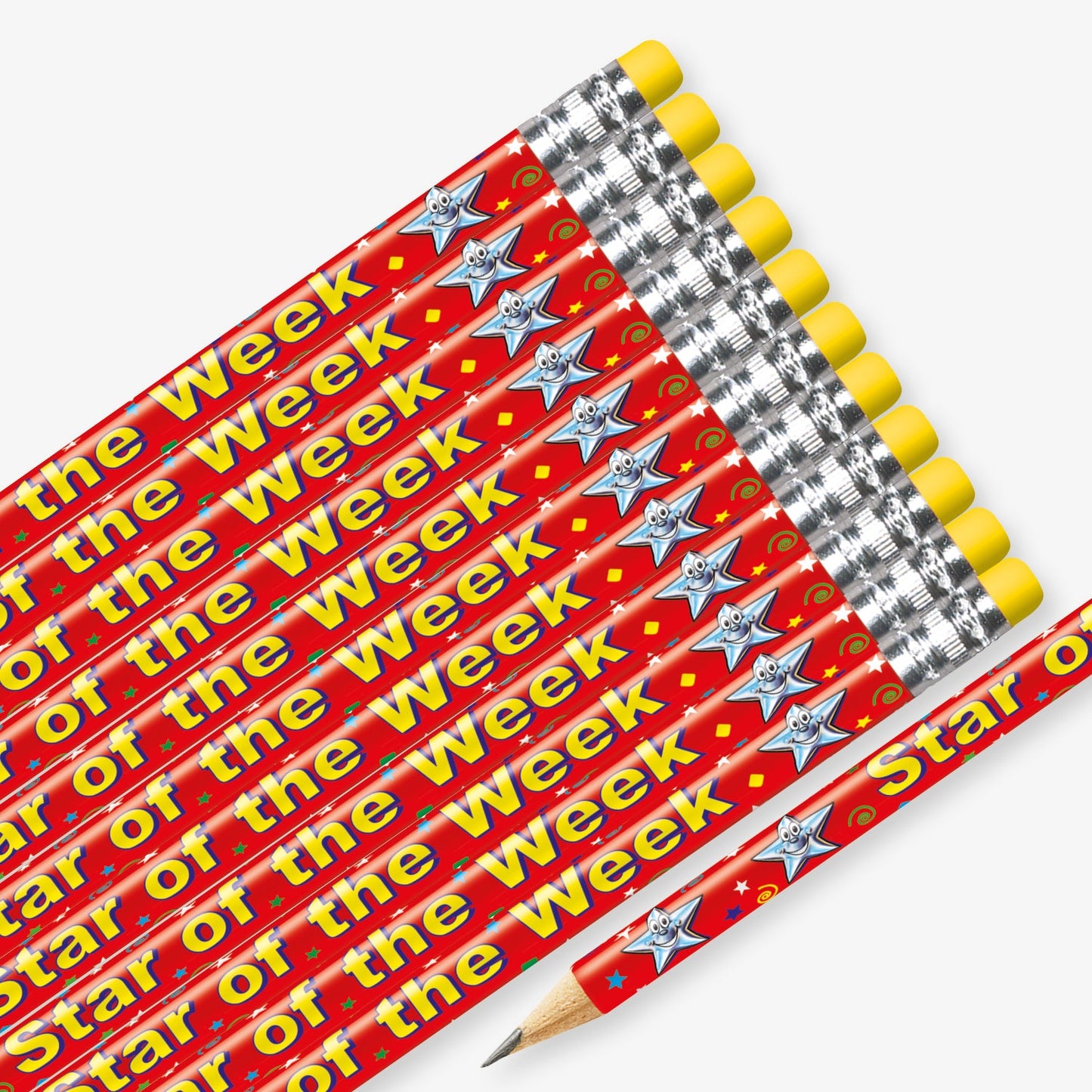 Set of 12 pre-sharpened pencils with erasers, each featuring a red background with silver, smiling stars with the wording 'Star of the Week' in yellow text