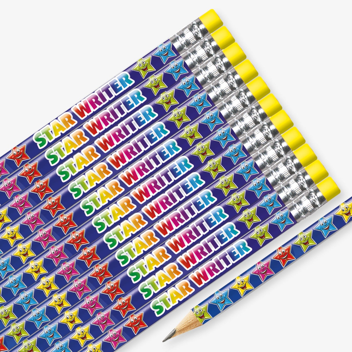 Set of 12 pre-sharpened pencils with erasers, each featuring a blue background with multicoloured stars with the wording 'STAR WRITER' in multicolured text
