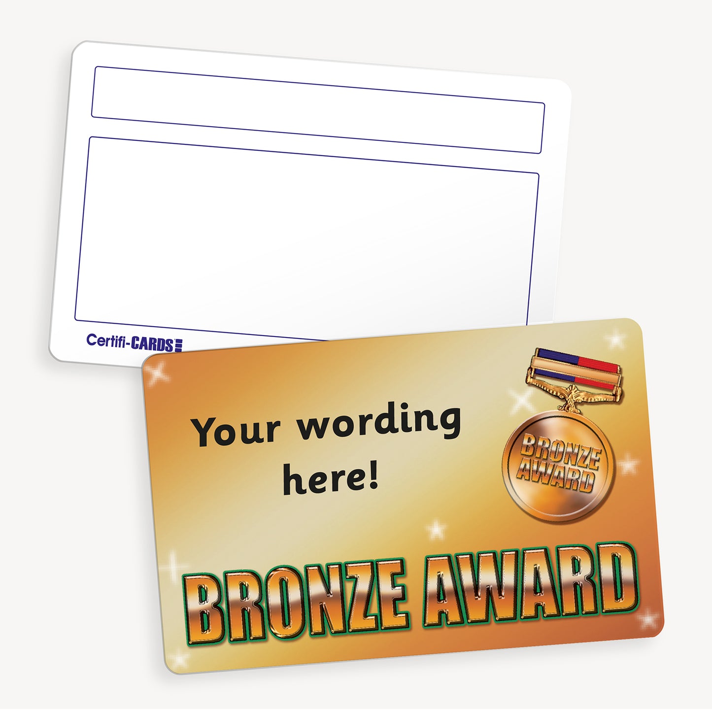 Personalised CertifiCARD measuring 86mm by 54mm, featuring a bronze background with the phrase 'BRONZE AWARD' in bold bronze text with green outline. A bronze medal is to the right of the card with customisable black text lines to the right; reverse side includes two white boxes for handwritten recipient details—ideal for recognising pupil achievements in reading.