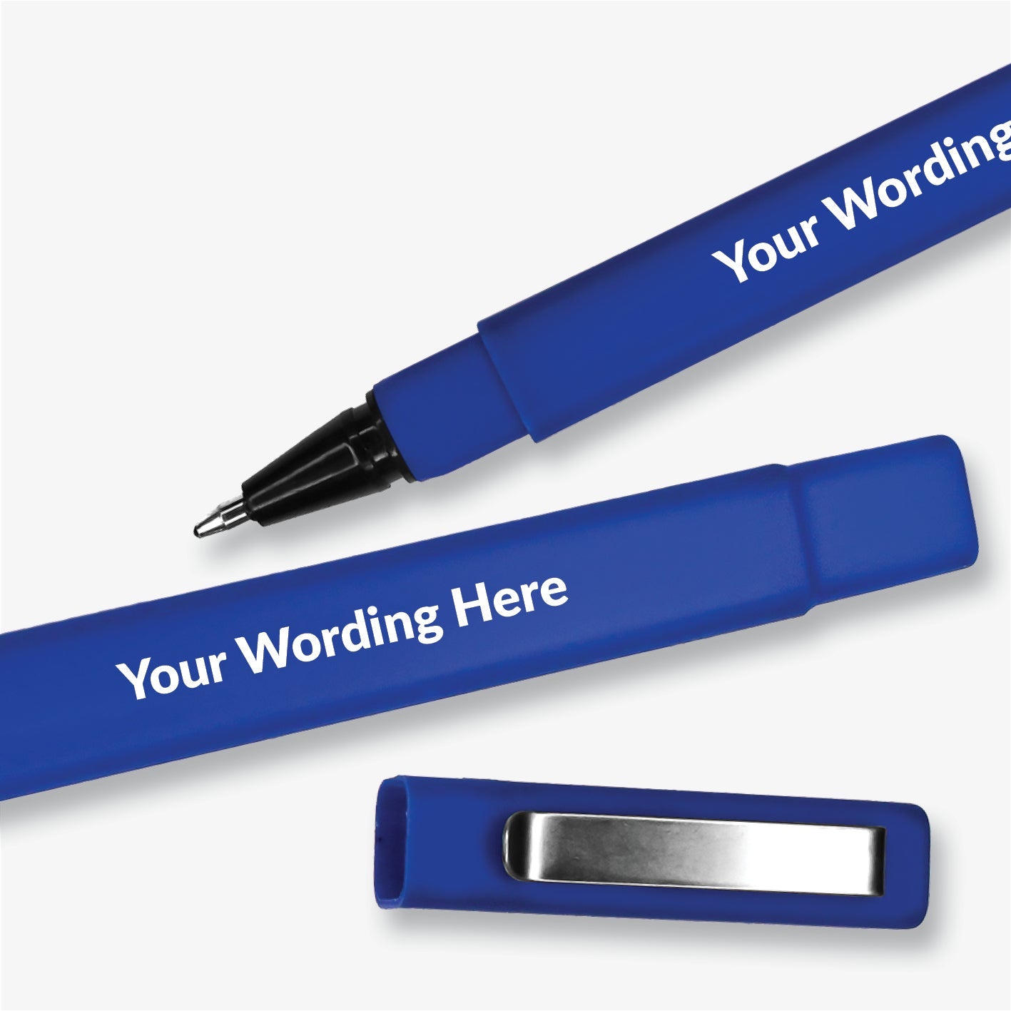 Royal blue, square barrelled, textured ball point pen with brushed metal clip on the lid. Placeholder text 'Your Wording Here' on the barrel