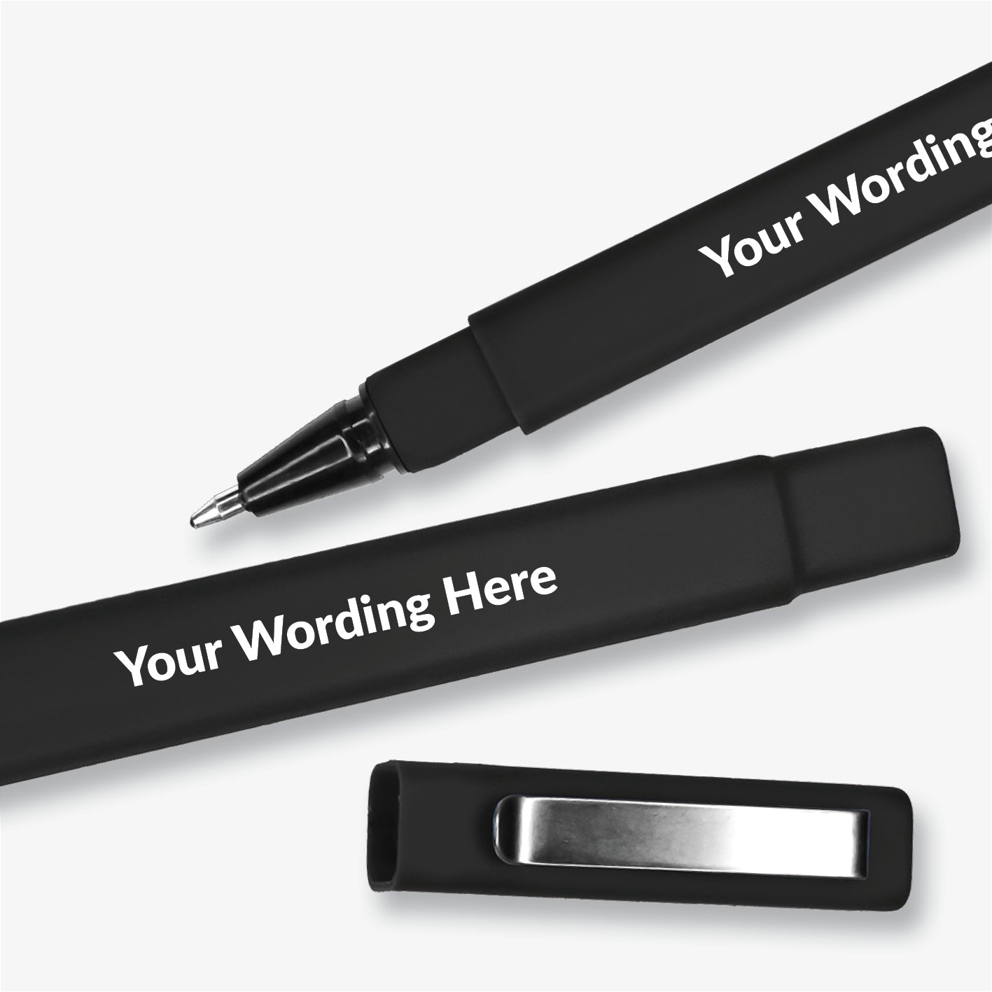 Black, square barrelled, textured ball point pen with brushed metal clip on the lid. Placeholder text 'Your Wording Here' on the barrel
