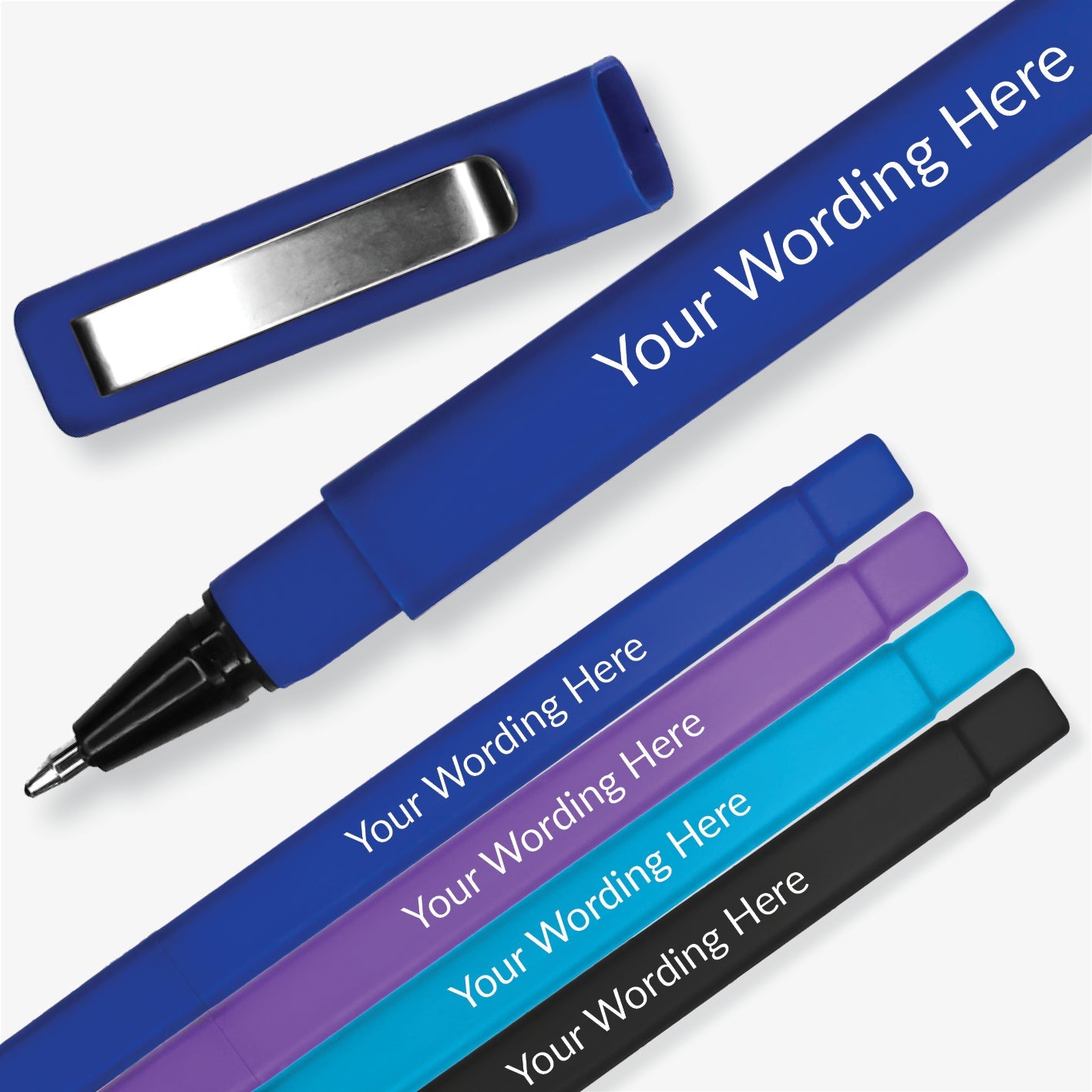 4 pens, one of each colour: Light blue, royal blue, purple and black; square barrelled, textured ball point pen with brushed metal clip on the lid. Placeholder text 'Your Wording Here' on the barrel