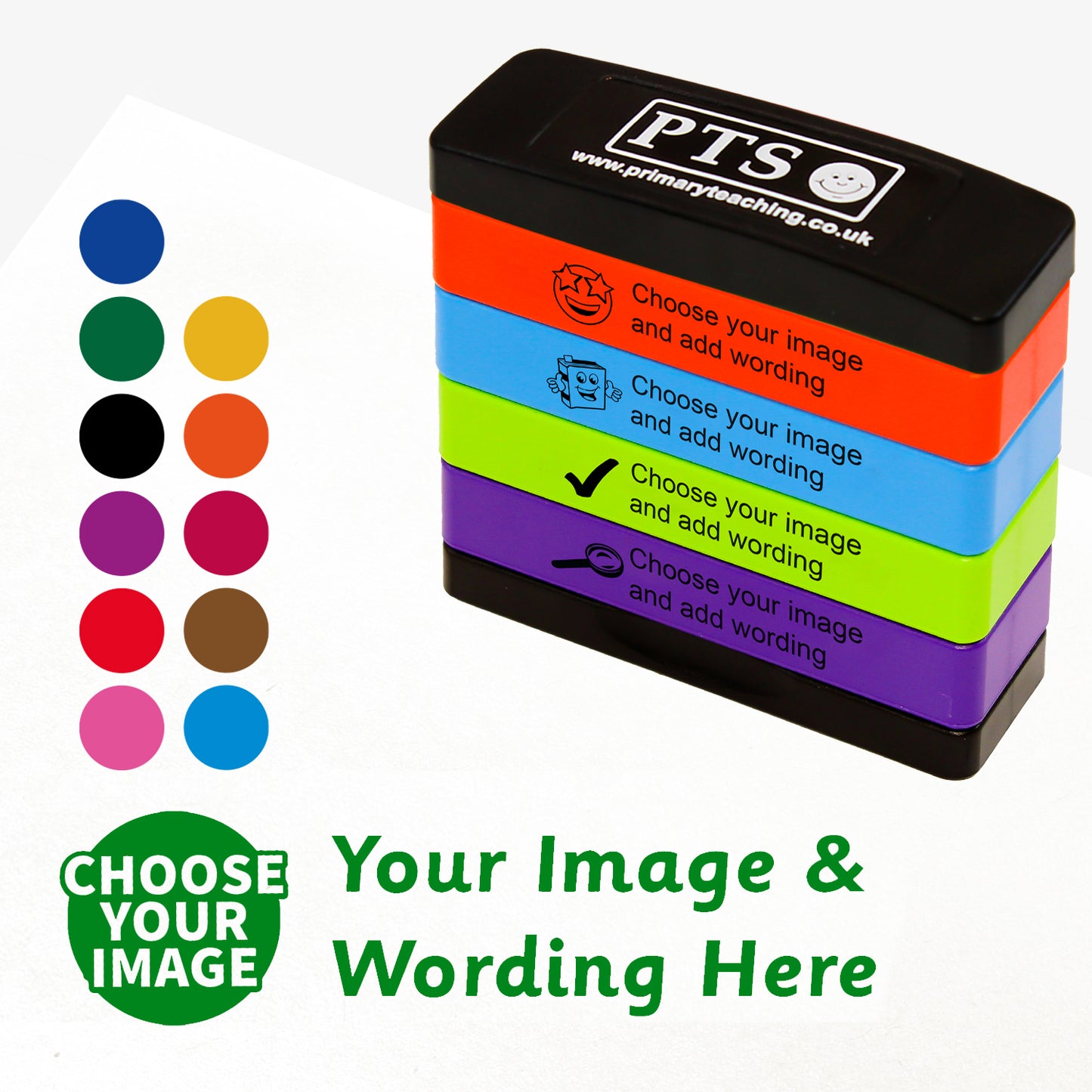 4 stacked rectangular self-inking stampers measuring 44mm by 13mm, featuring the an imprint saying 'Choose your Image' and 'Your Image and Wording Here'. This is for customisation and shows 11 colours to choose from - blue, green, black, purple, red, pink, gold, orange, burgundy, brown or sea blue