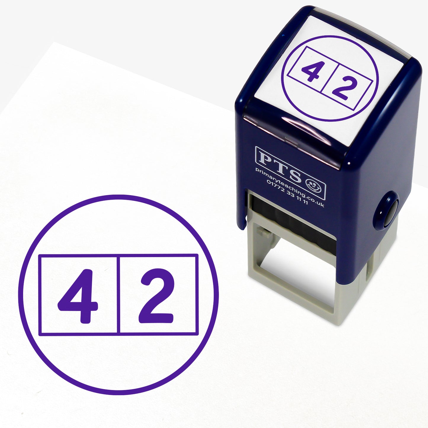 Purple 25mm pre-inked stamper featuring a 2 squares each with separate numbers in them '4' & '2', within a purple outer circle.