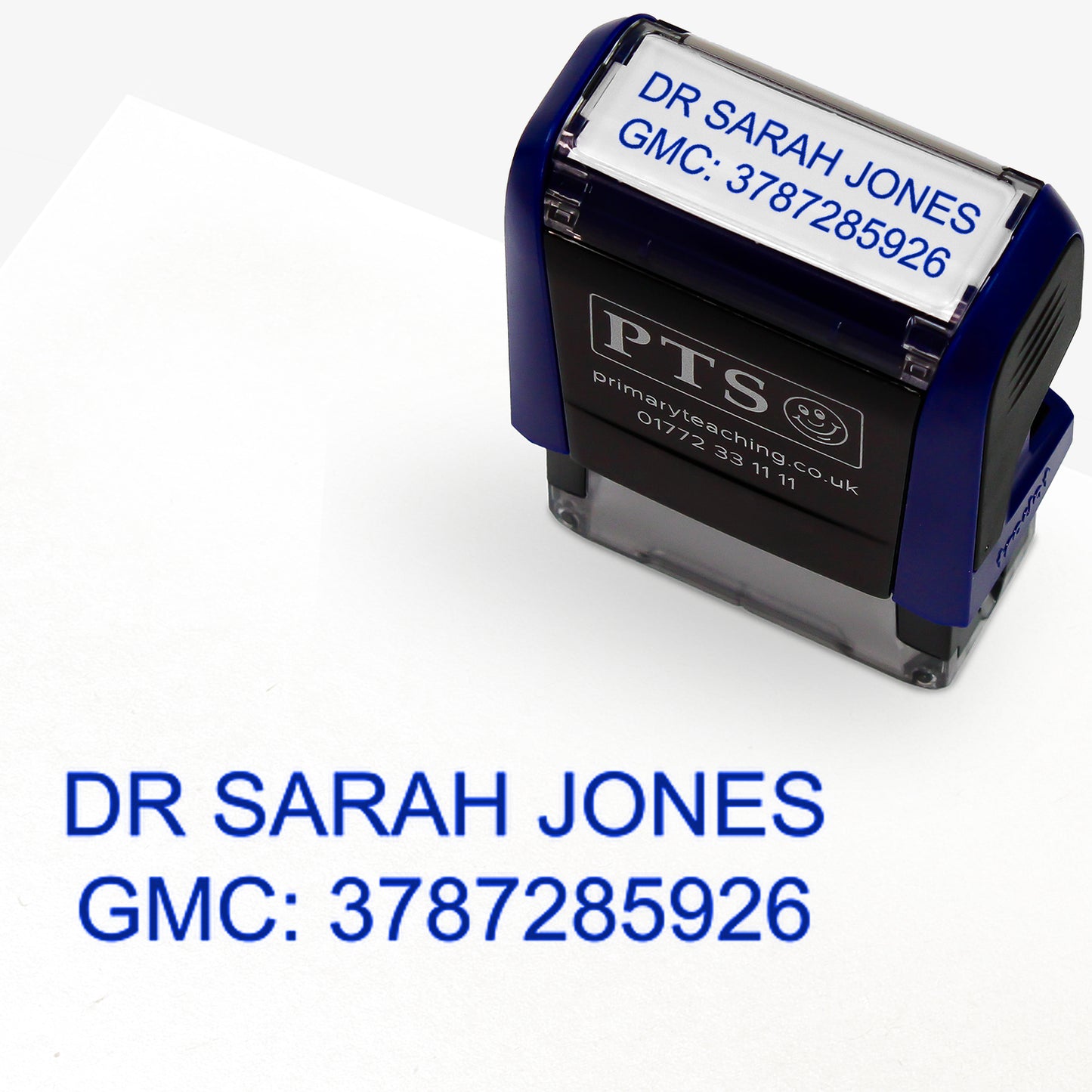 Rectangular self-inking stamper measuring 38mm by 14mm, featuring customisable text such as a healthcare professional's name and registration number; designed for medical documentation and administrative use. Stamps blue ink.