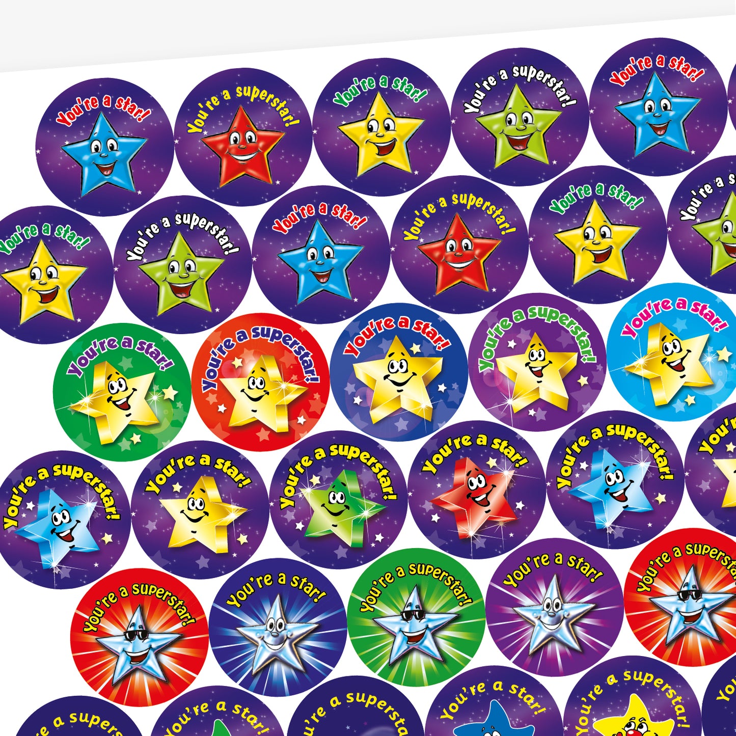 A sheet of 32mm stickers each with a cartoon, bright coloured, smiling star against a galaxy background. Phrases inclue 'You're a star!' and 'You're a superstar'.