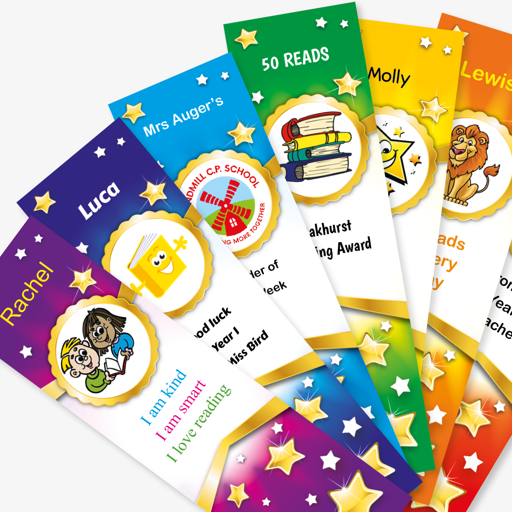 Customisable award bookmark with a various colour choice background background decorated with gold stars.   Image choice and text personalisation.
