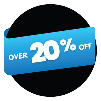 Promotional badge with 'Over 20% Off' text on a blue band against a black background