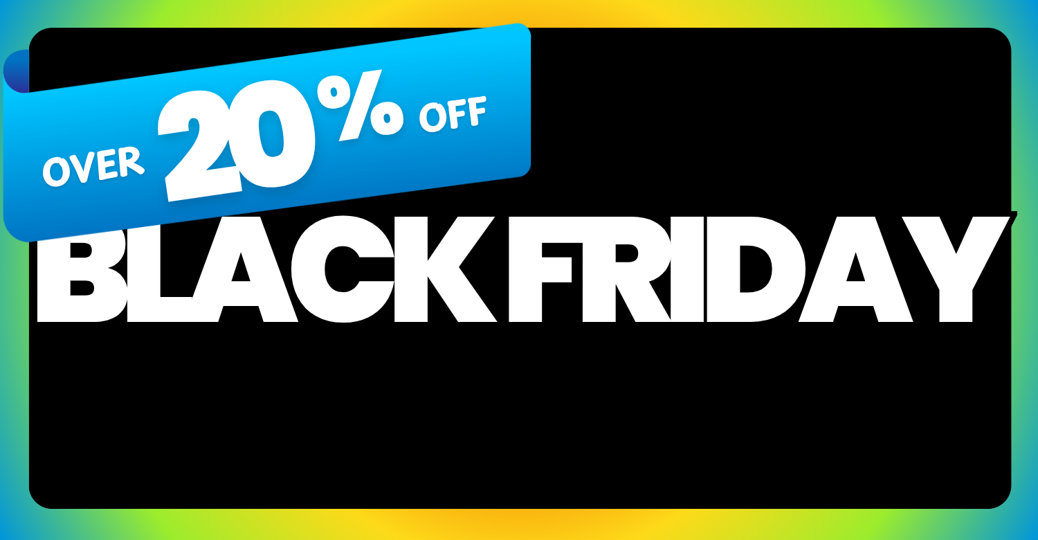 Black Friday sale banner with 'Over 20% Off' text on a colorful gradient background