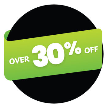 Green and black circular discount label with 'Over 30% Off' text.