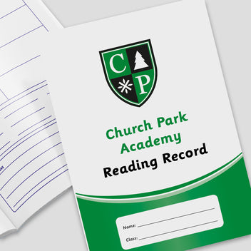 Reading record book with logo and text on a white background