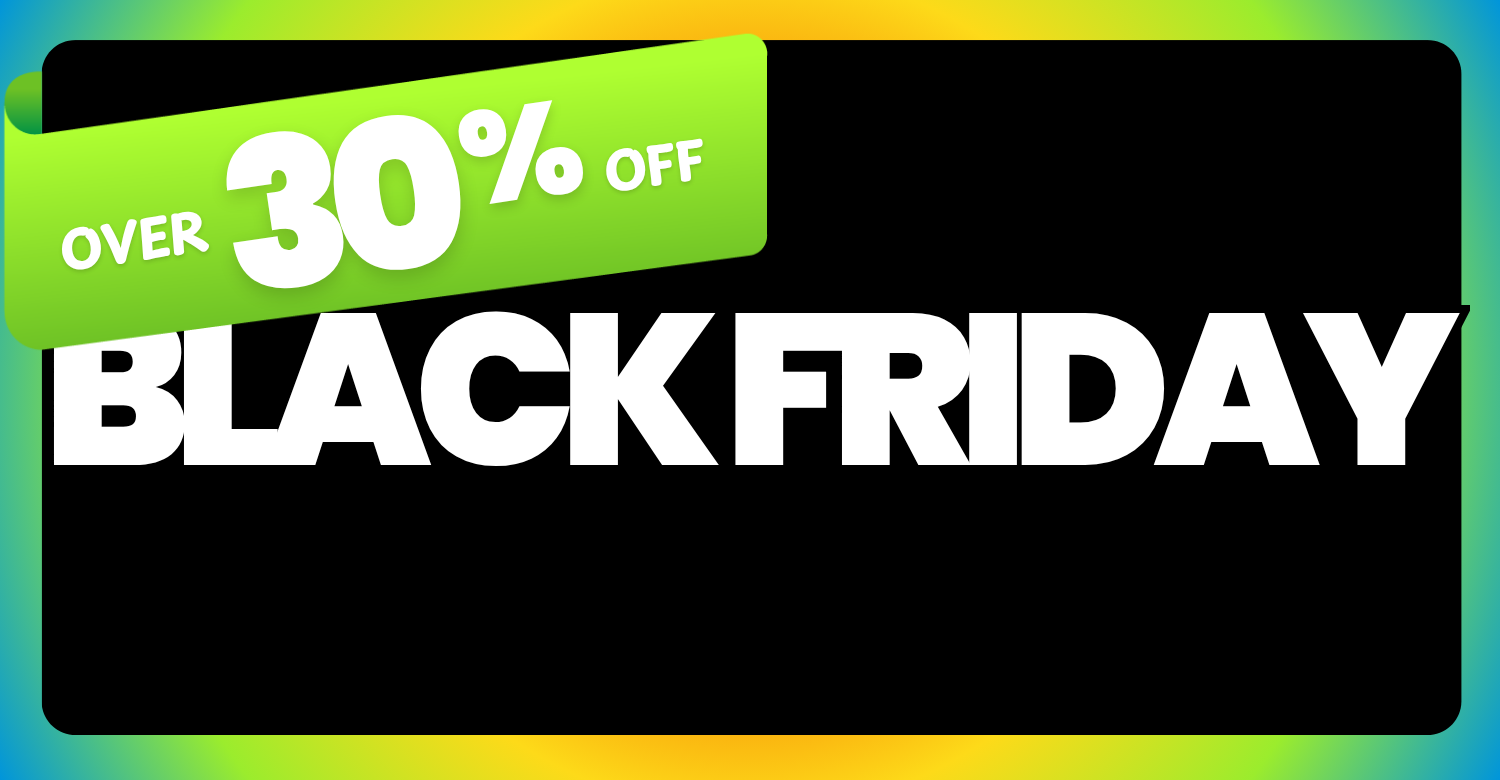 Black Friday sale banner with 'Over 30% Off' text on a colorful background