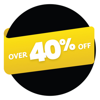 Promotional sticker with 'Over 40% Off' text on a yellow and black background